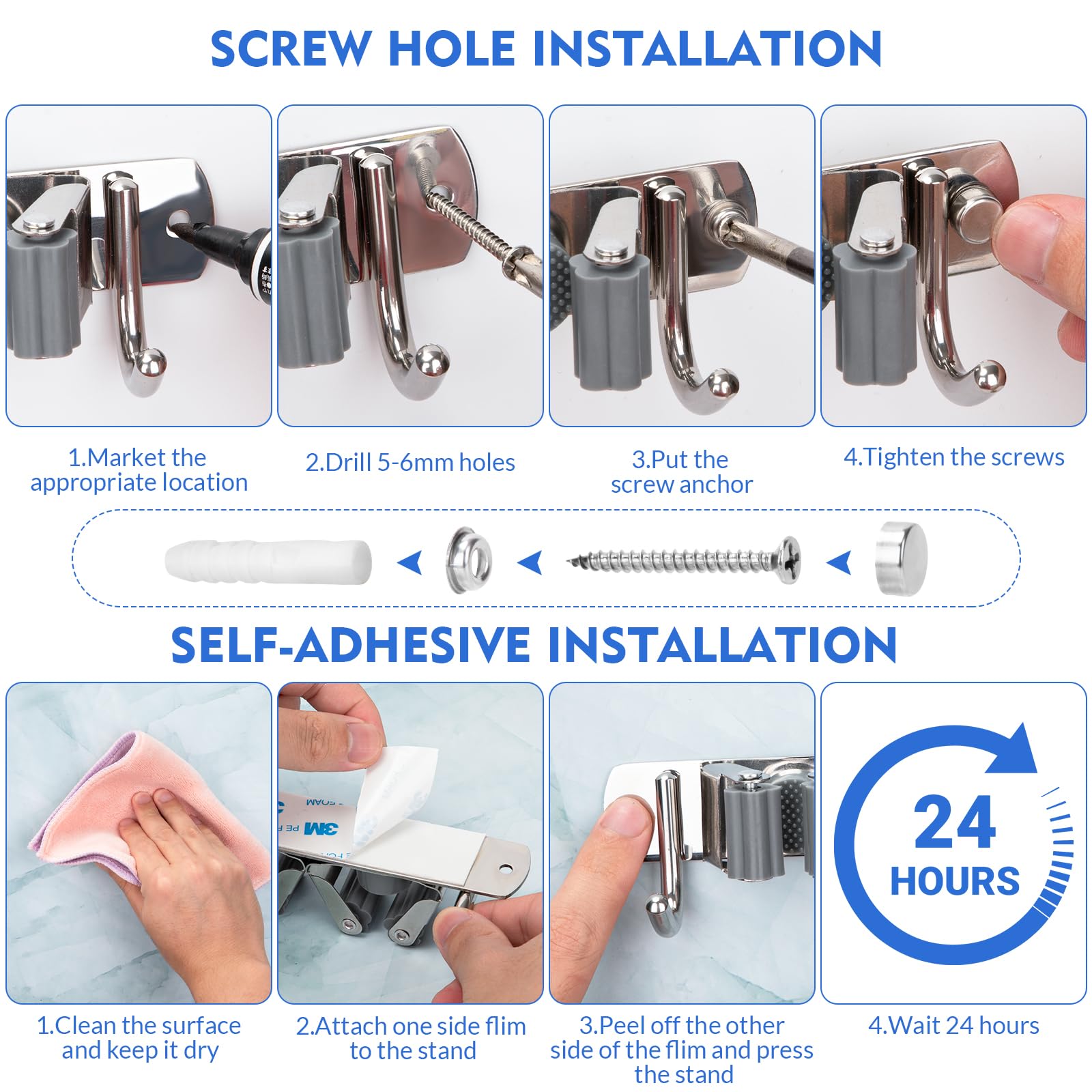 Porta Scope Parete, Appendi Scope a Muro con 7 Supporti e 2 Ganci Portascope da Muro, Autoadesivo Porta Attrezzi da Parete in Acciaio Inox per Bagno, Cucina, Garage, Terrazza