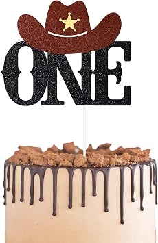 Gexolenu 1 Pcs Cowboy First Birthday Cake Topper Glitter Brown And Black Hat One Cake Picks For Western Theme Baby Shower First Birthday Cake Decorations Rodeo Party Supplies