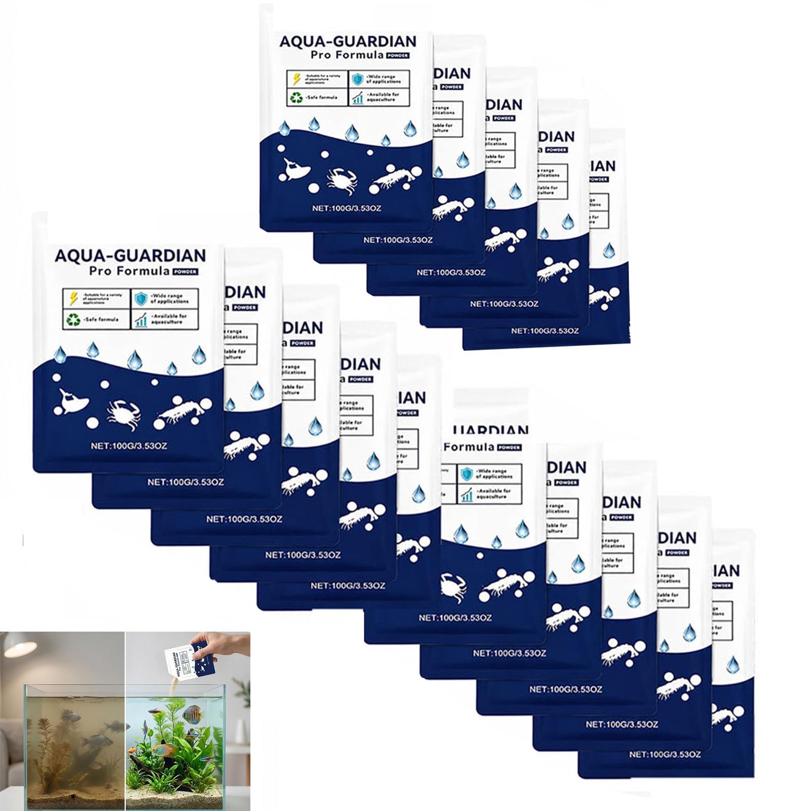 Aqua Guardian Pro Fórmula para Estanque, Polvo para el Cuidado del Acuario, Soporte para el Cuidado del Agua mezclada, Agente de Tratamiento de Agua para Estanque fácil (15PCS)