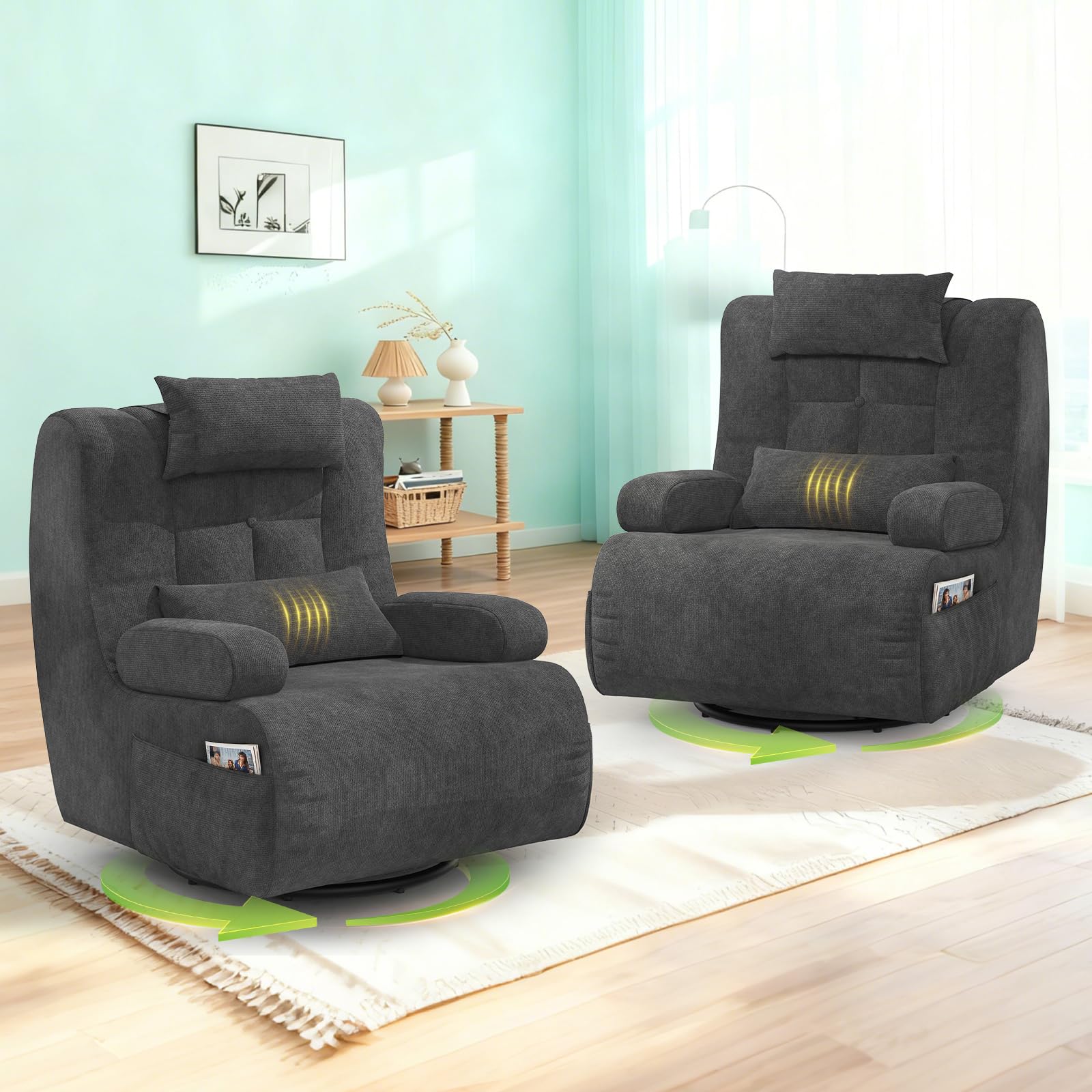 Fauteuil Salon pour Salon avec 2 Coussins Supplémentaires, Dossier et Coussin Rembourrés, 2 Poches Latérales, 360° Fauteuil Pivotant per Home Cinéma, Fauteuil Surdimensionné à Dossier Haut