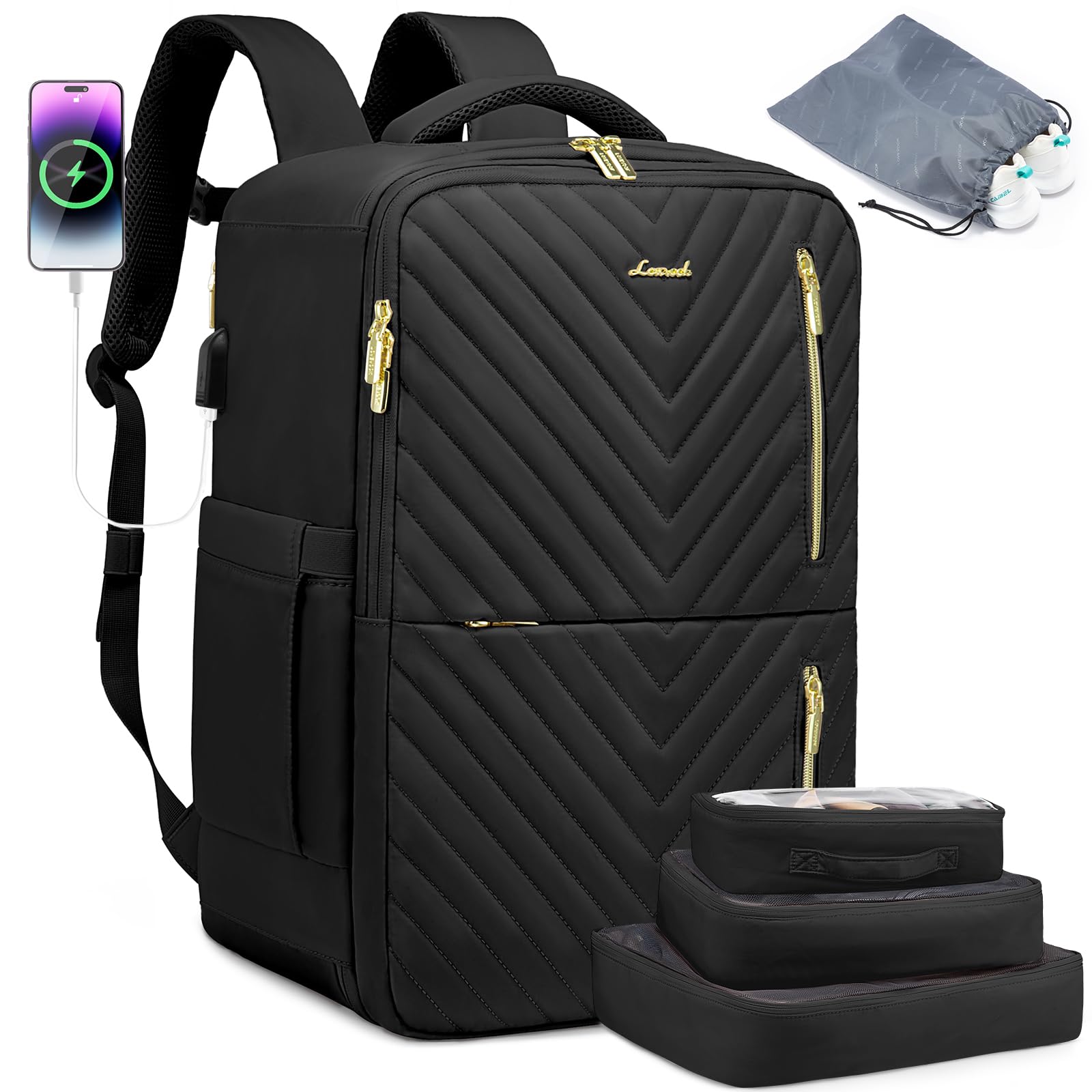 LOVEVOOK Travel Backpack, Extra Large 47L Carry On Backpack Flight Approved, Waterproof 18inch Laptop Suitcase with USB Port Luggage Daypack Business Weekender Bag with 4 Packing Cubes, Black