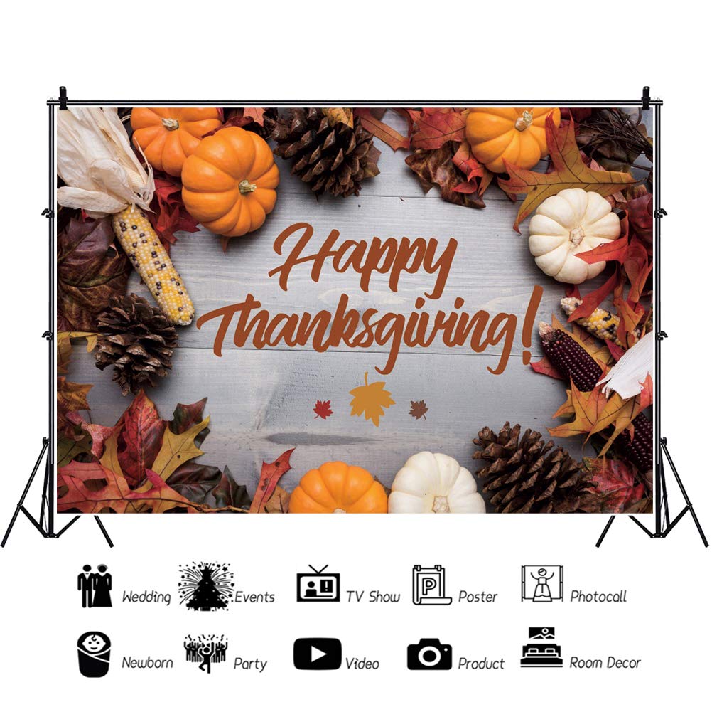 Baocicco 10x6.5ft Happy Thanksgiving Backdrop Mature Pumpkins Cones Nuts Corn Fallen Maple Leaves Wood Board Photography Background Wallpaper Thanksgiving Celebration Table Decoration Kids Portrait