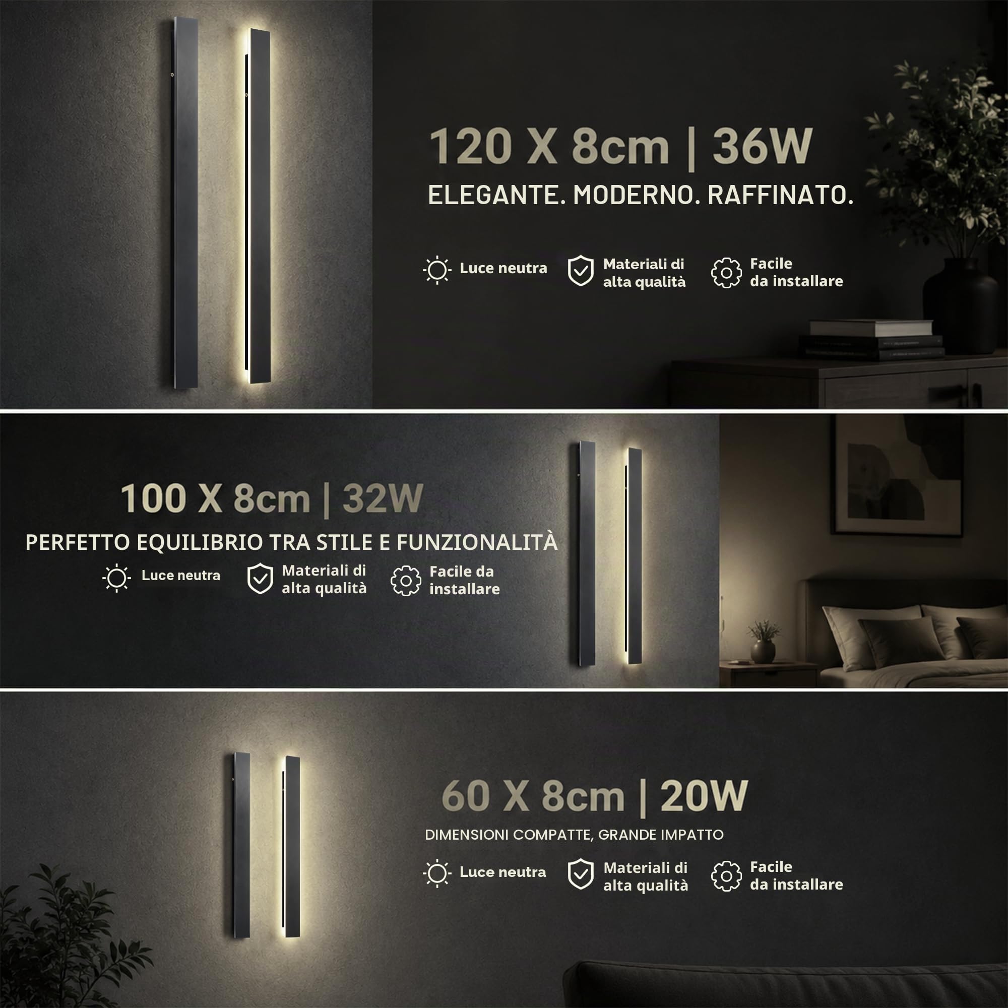 Applique da Parete Esterno 100CM LED Lungo Nero impermeabile 4500K Luce Naturale illuminazione Moderne Lampada Parete Luci per Portico Esterno Villa Wall Light Scala Corridoio Luce WallLamp