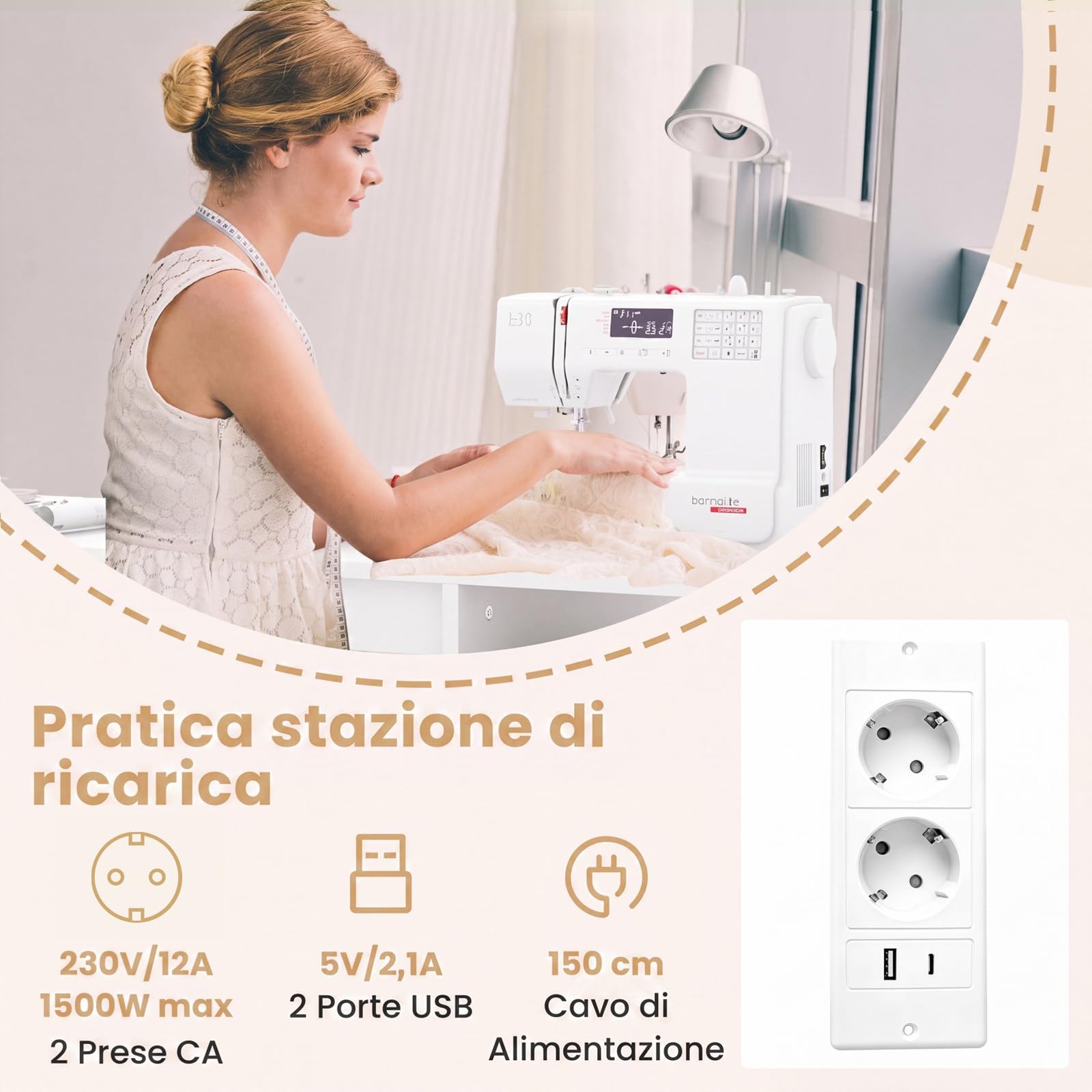 COSTWAY Mobile per Macchina da Cucire Pieghevole con Stazione di Ricarica | Tavolo da Cucito da Casa con Ruote Bloccabili, Cassetti, Scomparti, Ripiano, Mensole e Ganci