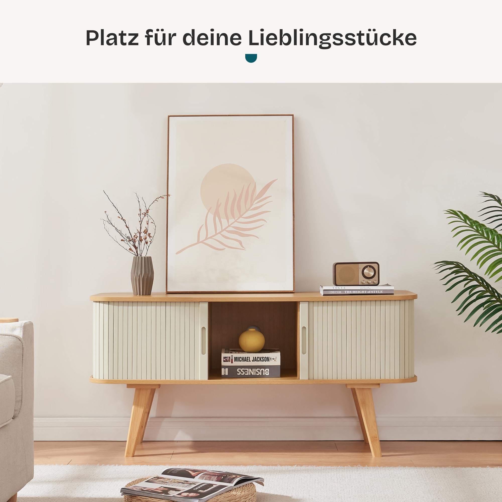 [en.casa] TV Schrank Tysvær Lowboard mit 2 Schiebetüren Cremeweiß Fernsehtisch mit Kabeldurchlass TV Kommode Fernsehschrank 120 x 40 x 58 cm Bambus