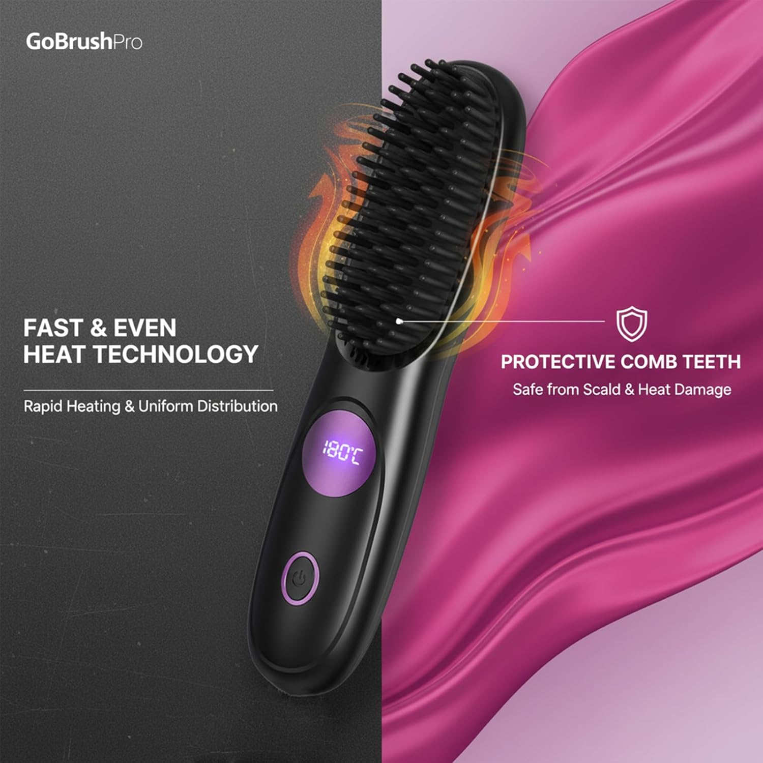Go Brush Pro, Gobrush Pro Portable Straightener Brush, Cordless Hair Straightener Brush for Short Hair, 3 Adjustable Temperature, LED Display, Upgraded Fast Heating Hairs Comb for Women Travel (Pink)