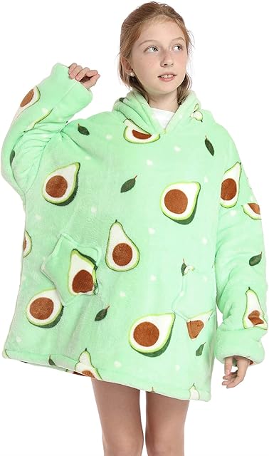 Kids Oversized Hoodie Blanket Fleece Sherpa Snuggle Sweatshirts Cute Animals Pattern Fluffy Pullover Ultra Soft Winter Warm Wearable Blanket for Boys Girls