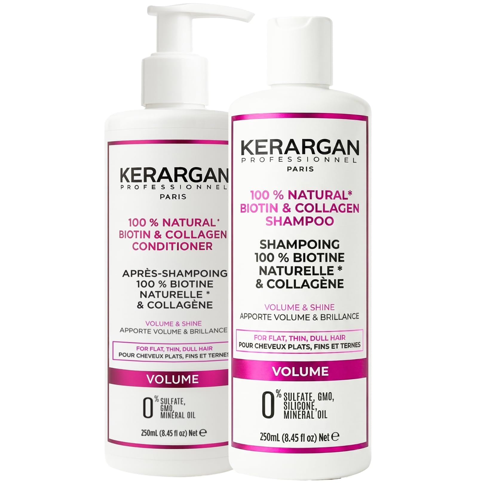 Kerargan - Biotin & Collagen Volumizing Shampoo & Conditioner Duo for Flat, Fine and Dull Hair - Boosts Shine & Structure - Sulfate-Free, GMO-Free, Silicone-Free, Mineral Oil-Free - 2x250ml