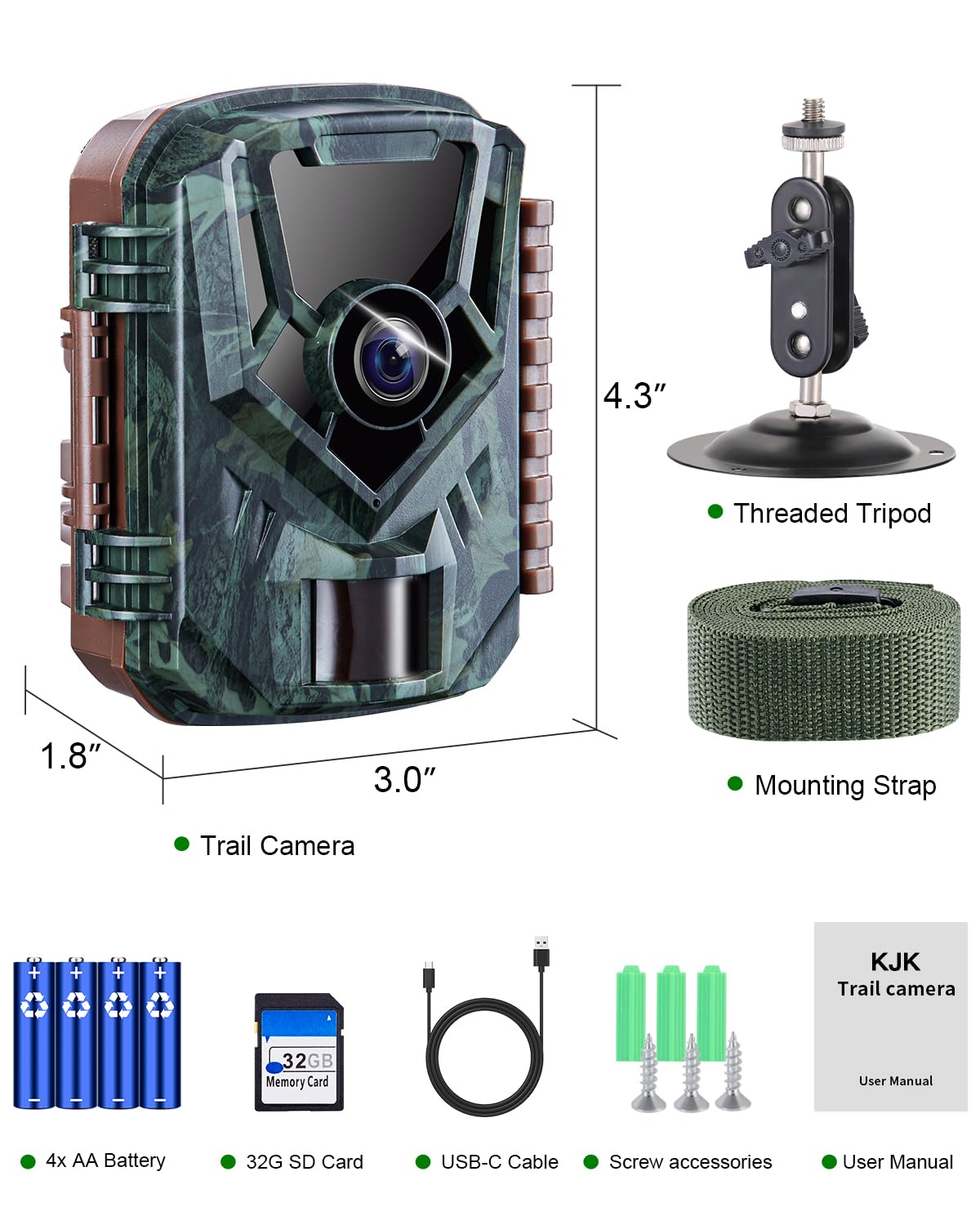 KJK Trail Camera 36MP 2.7K, Mini Game Camera with Night Vision 0.1s Trigger Time Motion Activated 130°Wide-Angle, Waterproof Trail Cam with 2.0” HD TFT Screen, Hunting Camera for Wildlife Monitoring