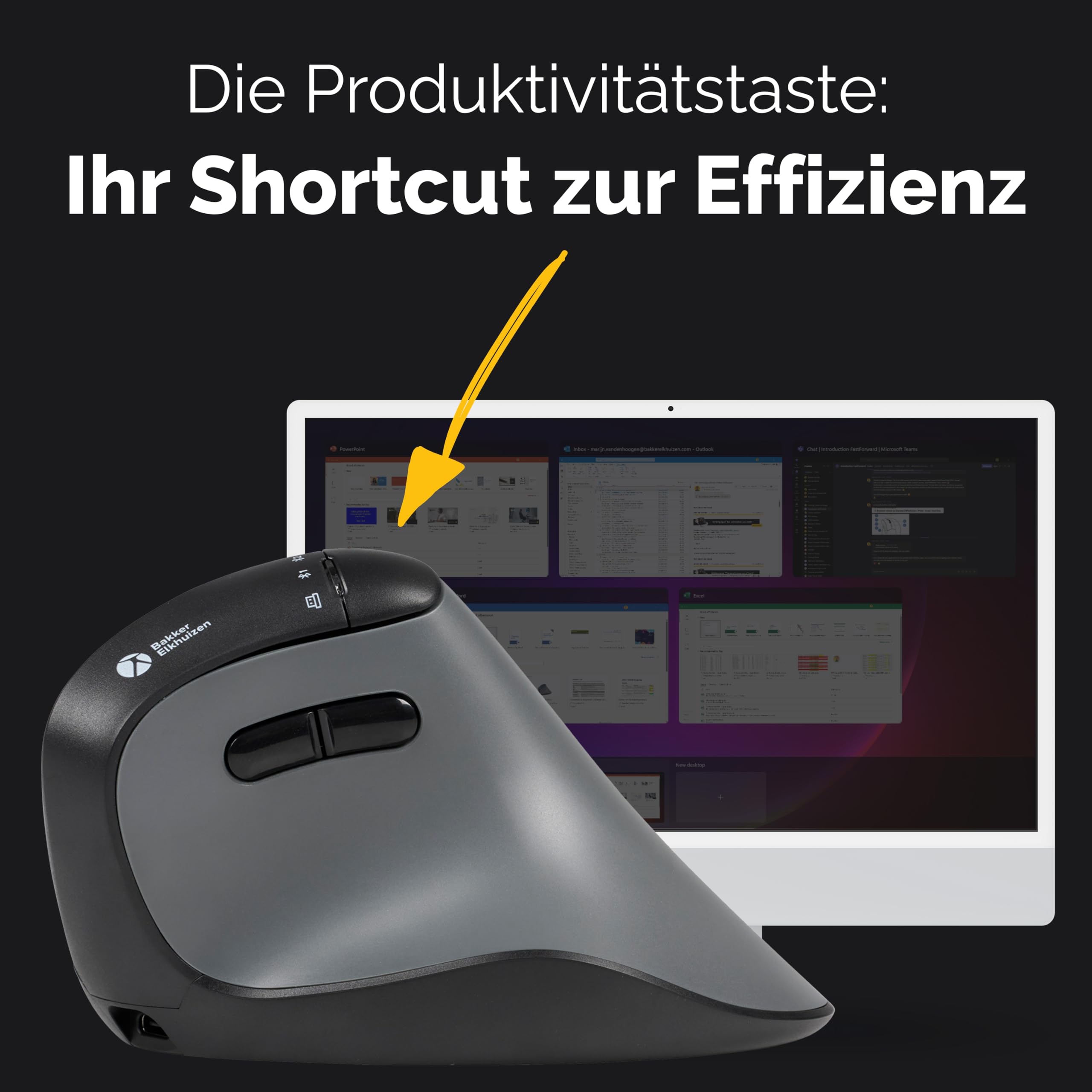 Bakker FastForward・Vertikale Maus・high-Speed Scroll・tilt Wheel・Silent Click・ergonomisch・Für Rechtshänder・optisch・8 Tasten・kabellos・kabelgebunden・2.4 GHz・USB-C・Bluetooth 5.1・kabelloser Empfän