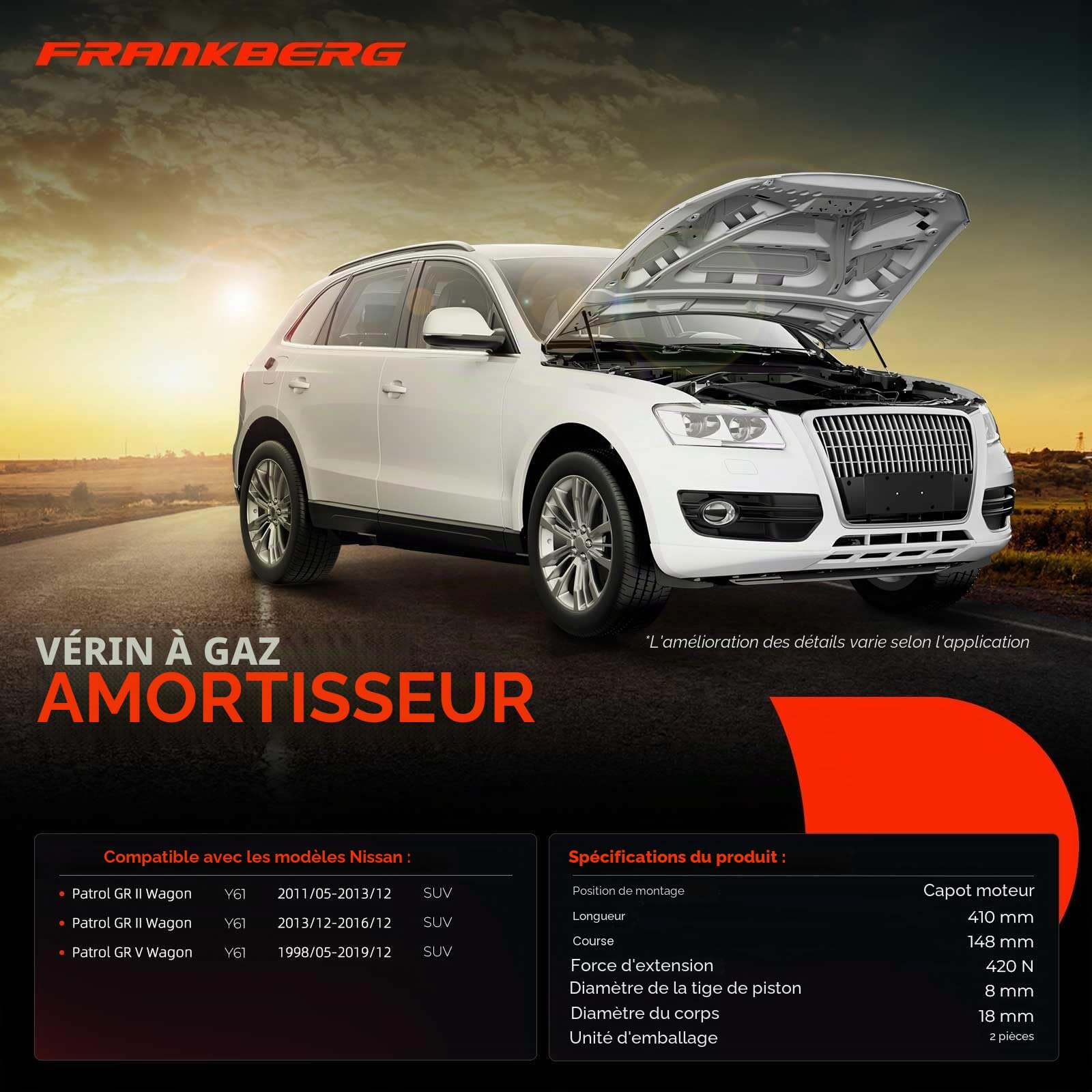Frankberg Ressort à gaz capot gauche et droit Compatible avec P.a.t.r.o.l GR V break Y61 3.2 D 3.0 DTi 4.8 1998-2025 SUV Remplacer# 65470VC02065471VC020F5D70VC026F5D71VC026