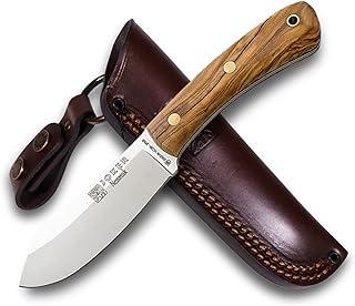Joker Cuchillo de monte CO136 Nessmuk, con puño en madera de olivo de 11,5 cm, hoja de 10,5 cm, incluye funda de cuero en color marrón oscuro. Cuchillo By J.Sabater.