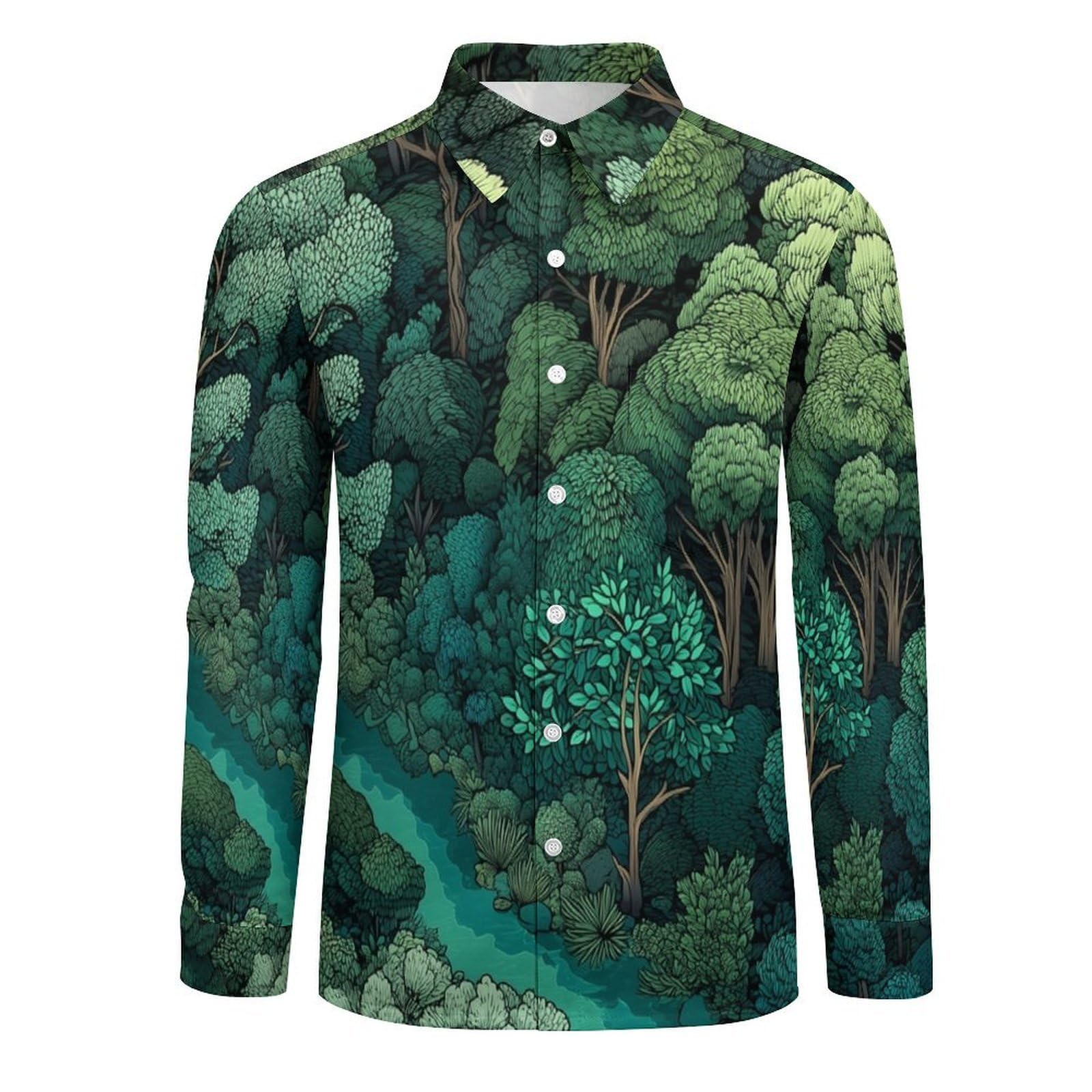 Camisa de Lino Verde Manga Larga para Hombre Camisas Informales de Verano Camisa Suelta de Ocio Árboles De Bosque Denso con Botónes Top con Bolsillo para Traje Diario