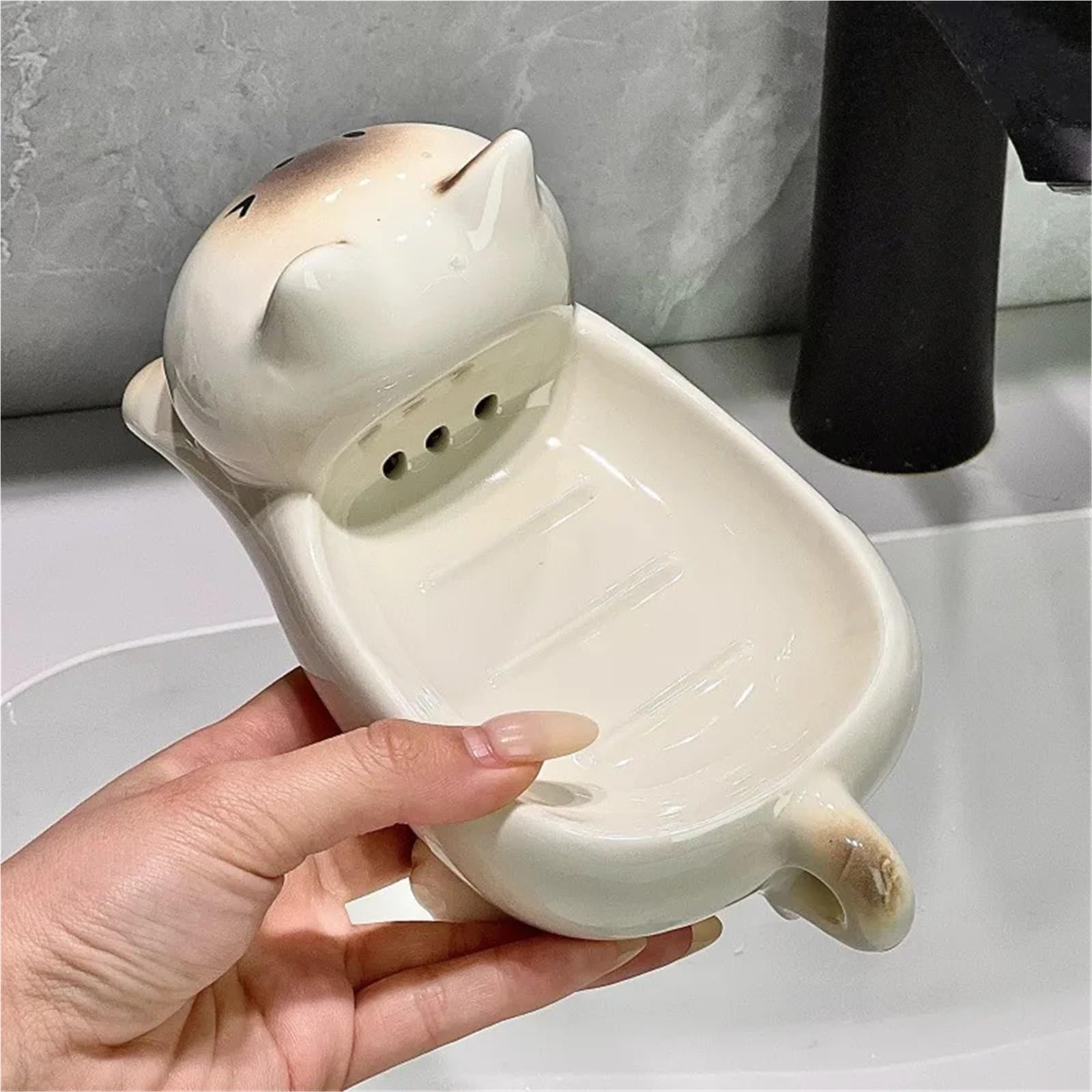 Jabonera Jabonera de cerámica | For ducha de baño con orificios de drenaje Decoración del hogar(Cat 17x9cm)