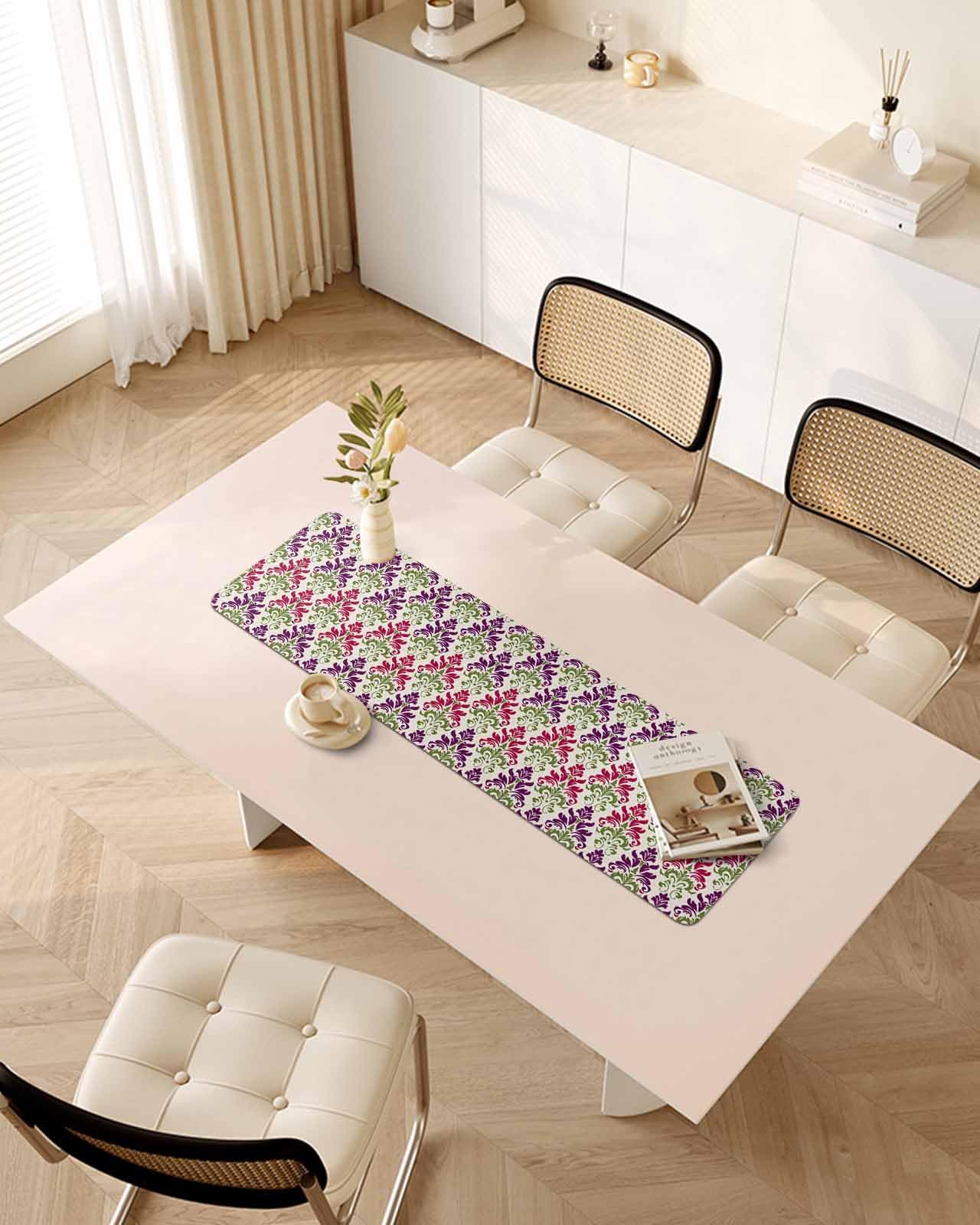 Debedcor Heat Proof Table Pads Waterproof Decorative, Boho Green Red Purple Floral Non-Slip Table Countertop Protector, Southwestern Geometric Insulation Mat for Dining Room, 48 x 12 Inches