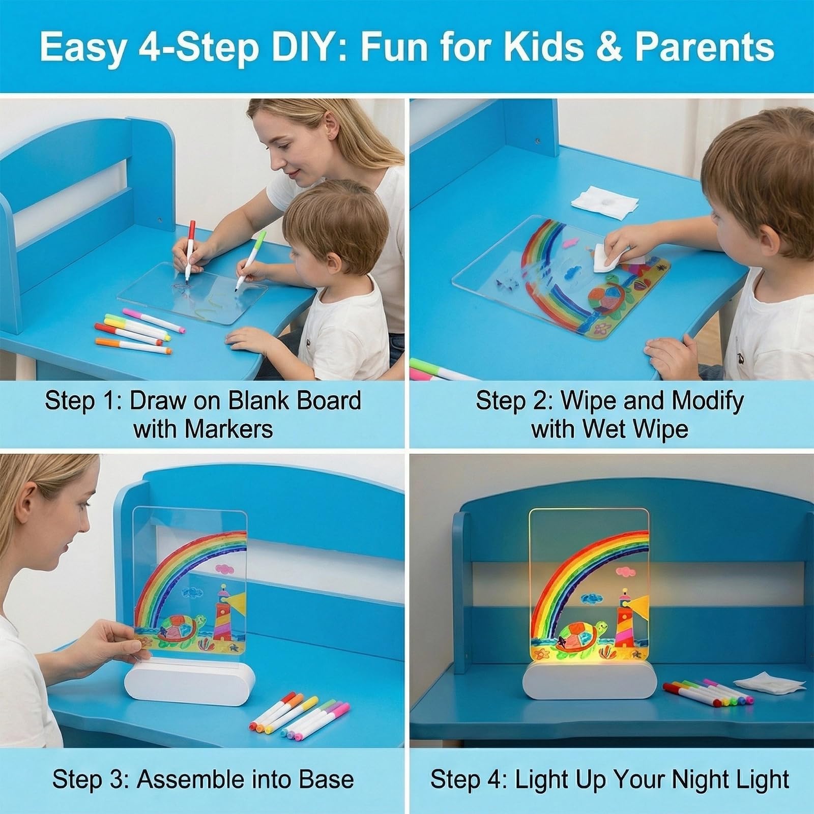 Lavagna per appunti a LED con colori, 22 x 15 cm, per bambini, dimmerabile, per bambini, 4 modalità, lavagnetta in acrilico lavabile a secco, con 7 colori penna per ufficio, scuola, casa