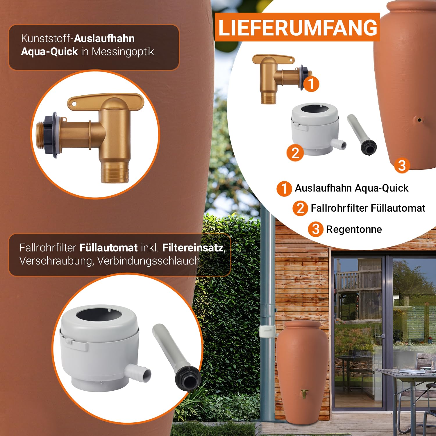 GARANTIA Amphore Regentonne Komplett-Set 300 Liter terrakotta | inkl. Kunststoff-Auslaufhahn und Fallrohranschluss, Regentonne 300 Liter, Regenfass, Wassertank, Wassertonnen für Garten
