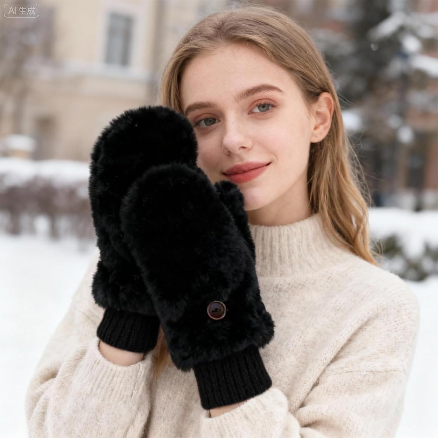 Faux Fur Mittens Fingerless Gloves Convertible Fluffy Winter Flip Cover Warm Soft Half Finger Fuzzy Mitten for Women - Image 6