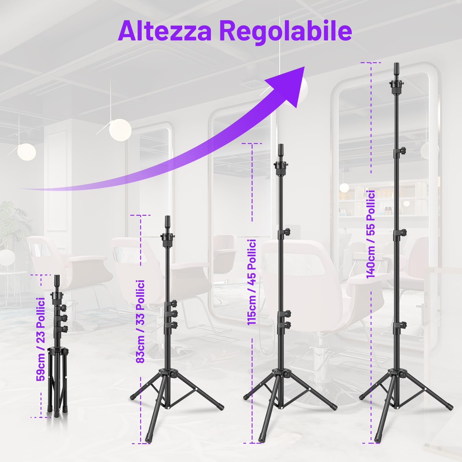 TwoWin Supporto per Testa di Manichino Regolabile 59-140 cm, 23,2-55 pollici Treppiede Regolabile, Supporto per Parrucche per Cosmetologia Parrucchiere Formazione