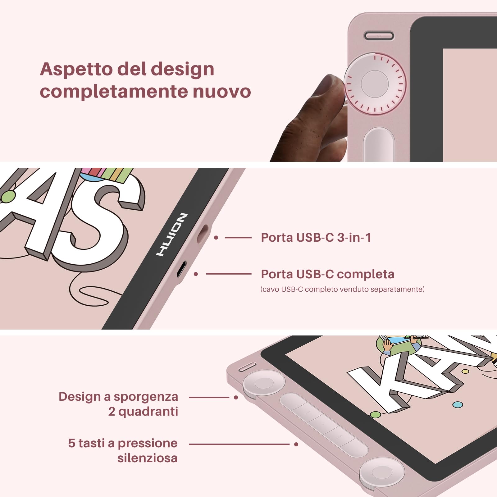 HUION Kamvas 13 Gen 3 2024 Tavoletta Grafica con Schermo, Tavoletta Grafica Artistica Completamente Laminata da 13,3", PenTech 4.0, Pressione Penna 16384, doppio quadrante per PC, Mac, Android, Rosa
