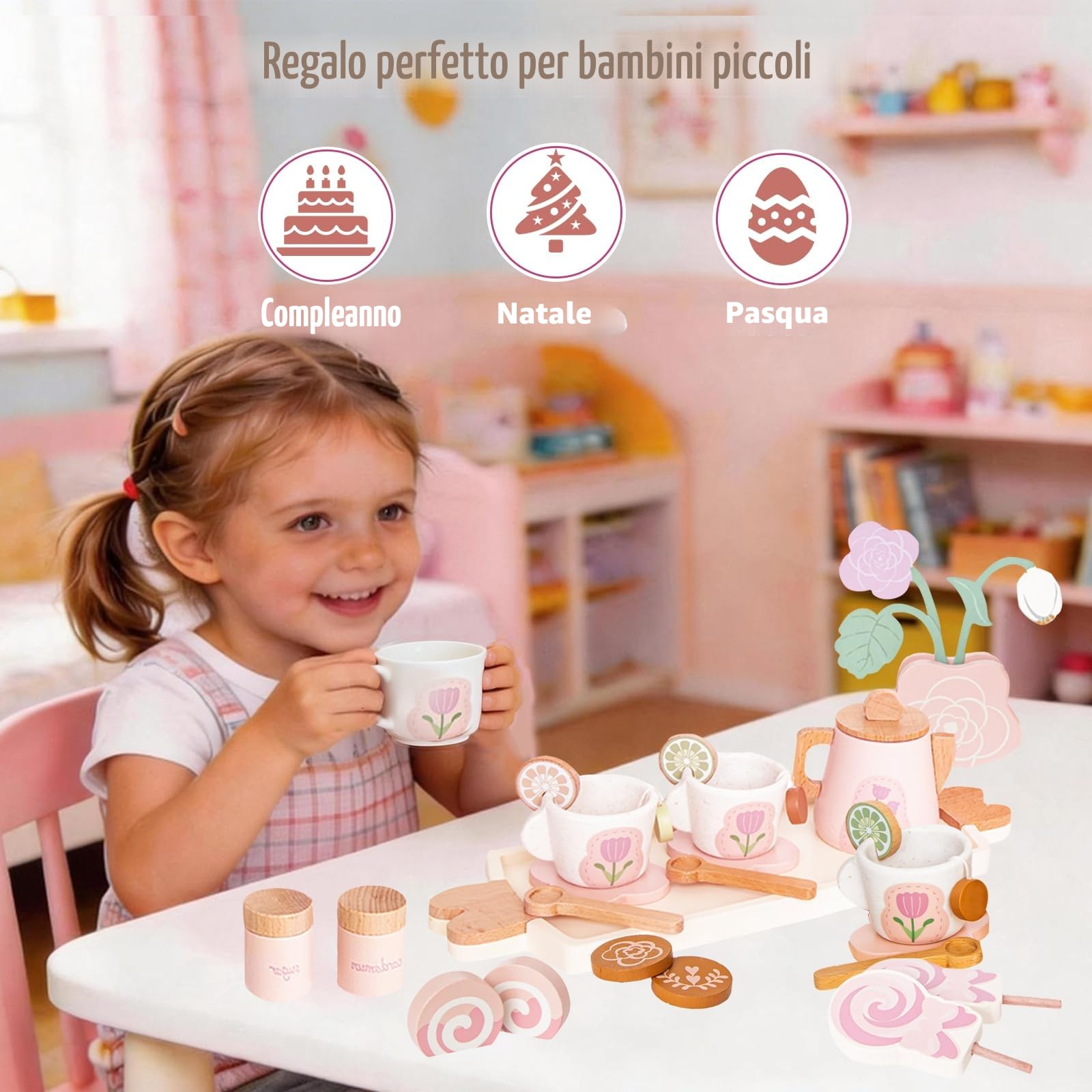 Set da Tè in Legno per Bambini, Regalo Bambina 3 4 5 Anni Rosa, Accessori Cucina Giocattolo per Bambini, Giochi Tazze da Caffè in Legno, Tea Party con Dolci e Lecca-Lecca, 24 Pezzi