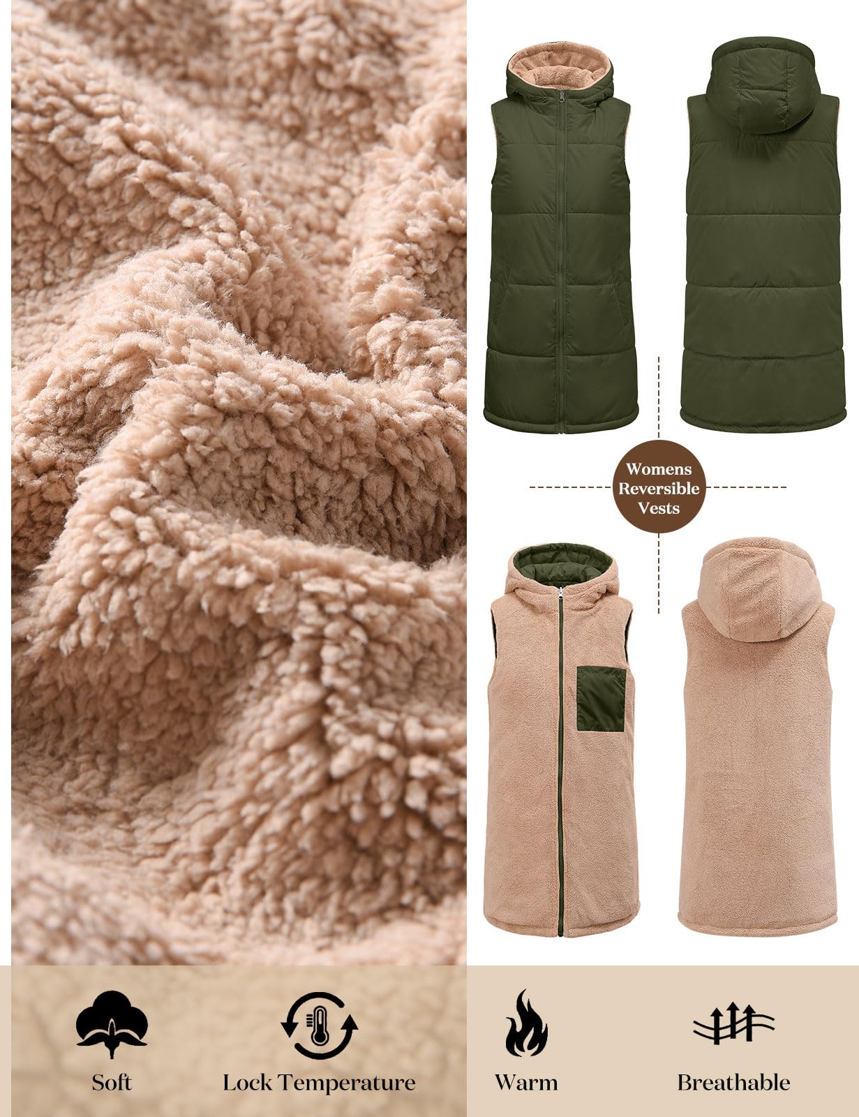 Tuopuda Gilet Donna Lungo in Pile, Smanicato Invernale con Cappuccio, Cappotto Senza Maniche Termico Giubbotto Imbottito Giacca con Cerniera e Tasche