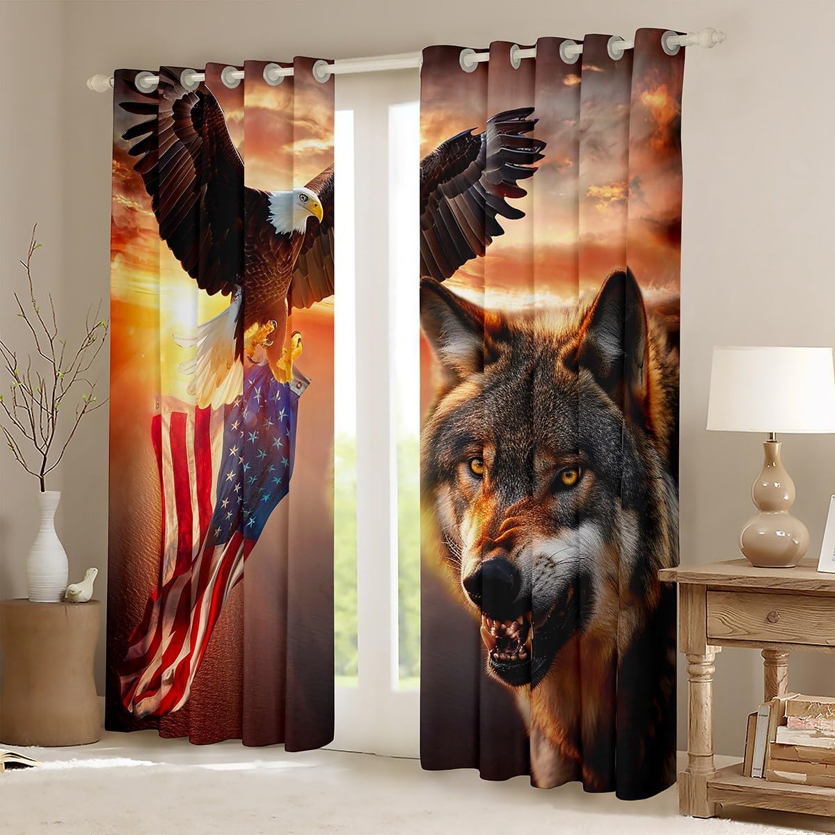 Manfei Kids 3D Wolf Window Curtains Eagle and American Flag Print Window Treatments Animal Theme Window Drapes for Boys Teens Room Decor Grommet Top 2 Panel Set Bedroom Curtains, 52Wx96L inch