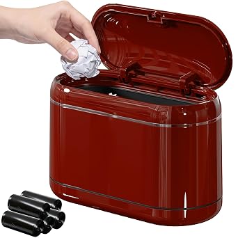 PAVSTINE Mini Trash Can for Desk with 5 Rolls of Trash Bags, Small Press-Top Countertop Garbage Bin, Removable Waste Basket for Bedroom, Vanity, Coffee Table, Kitchen Red Full-Lid