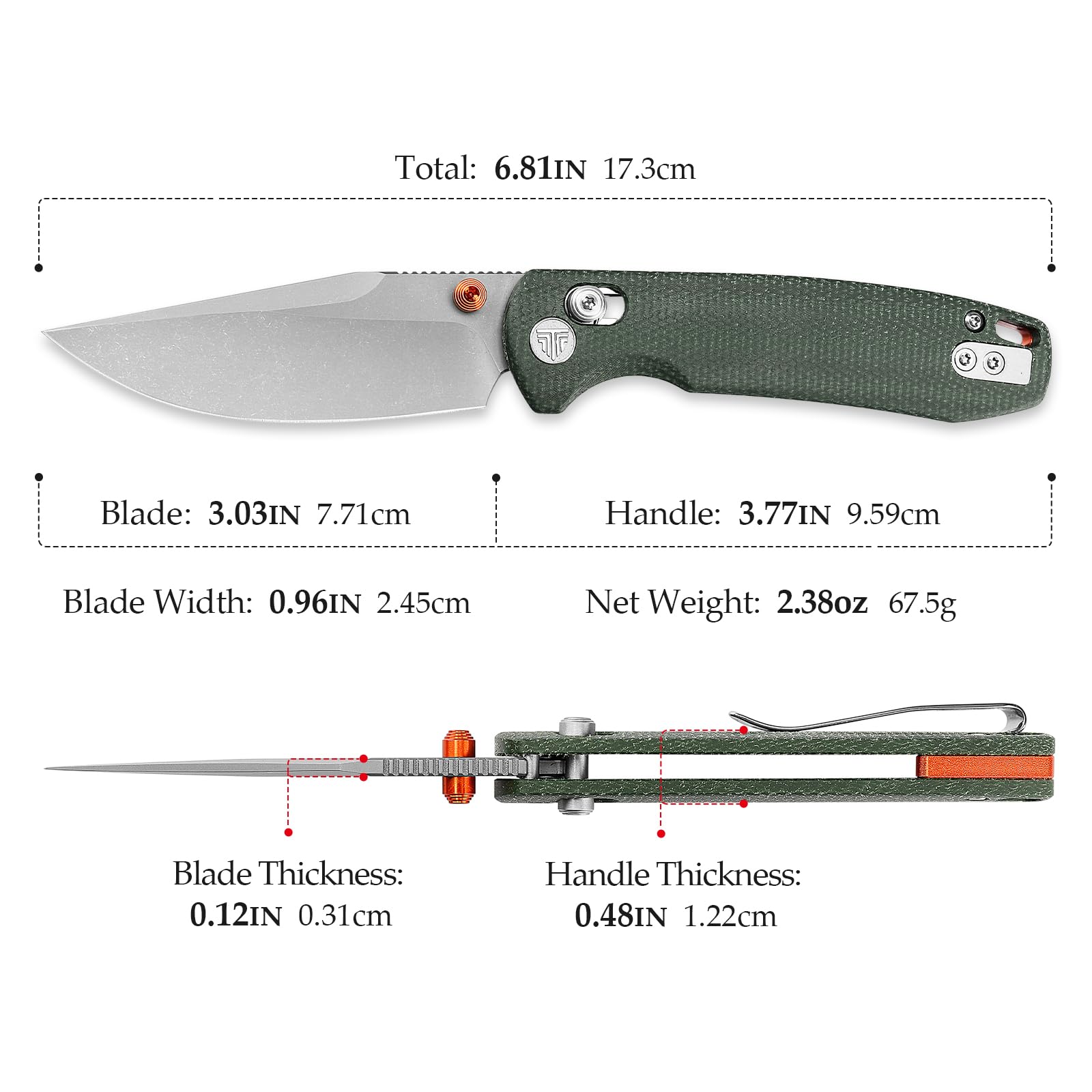 TRIVISA Klappmesser, Taschenmesser mit Crossbar Lock, Klinge aus 14C28N-Stahl, Gentlemen Messer mit Clip, EDC-Messer für Wanderungen und Camping (Grün)