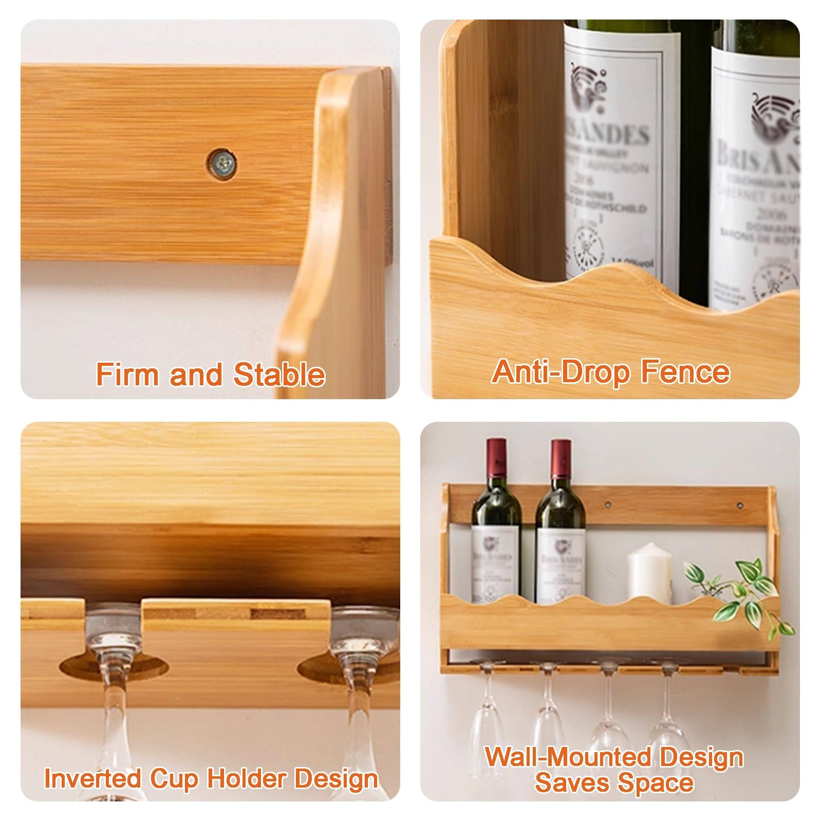 Ścienny Stojak na Wino z Bambusa, Wieszak na Kieliszki Winne | Ścienny Stojak Bambusowy, Zabezpieczenie Przed Upadkiem, Wieszaki na Kieliszki, Komplet Osprzętu(Wood color)