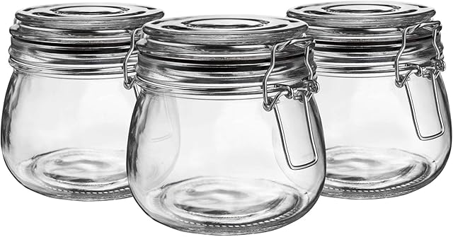 Argon Tableware 3x 500ml (0.5 Litre) Clear Glass Storage Jars with Black Airtight Silicone Seal and Metal Clip Lid - 17.6oz Empty Kitchen Food Containers