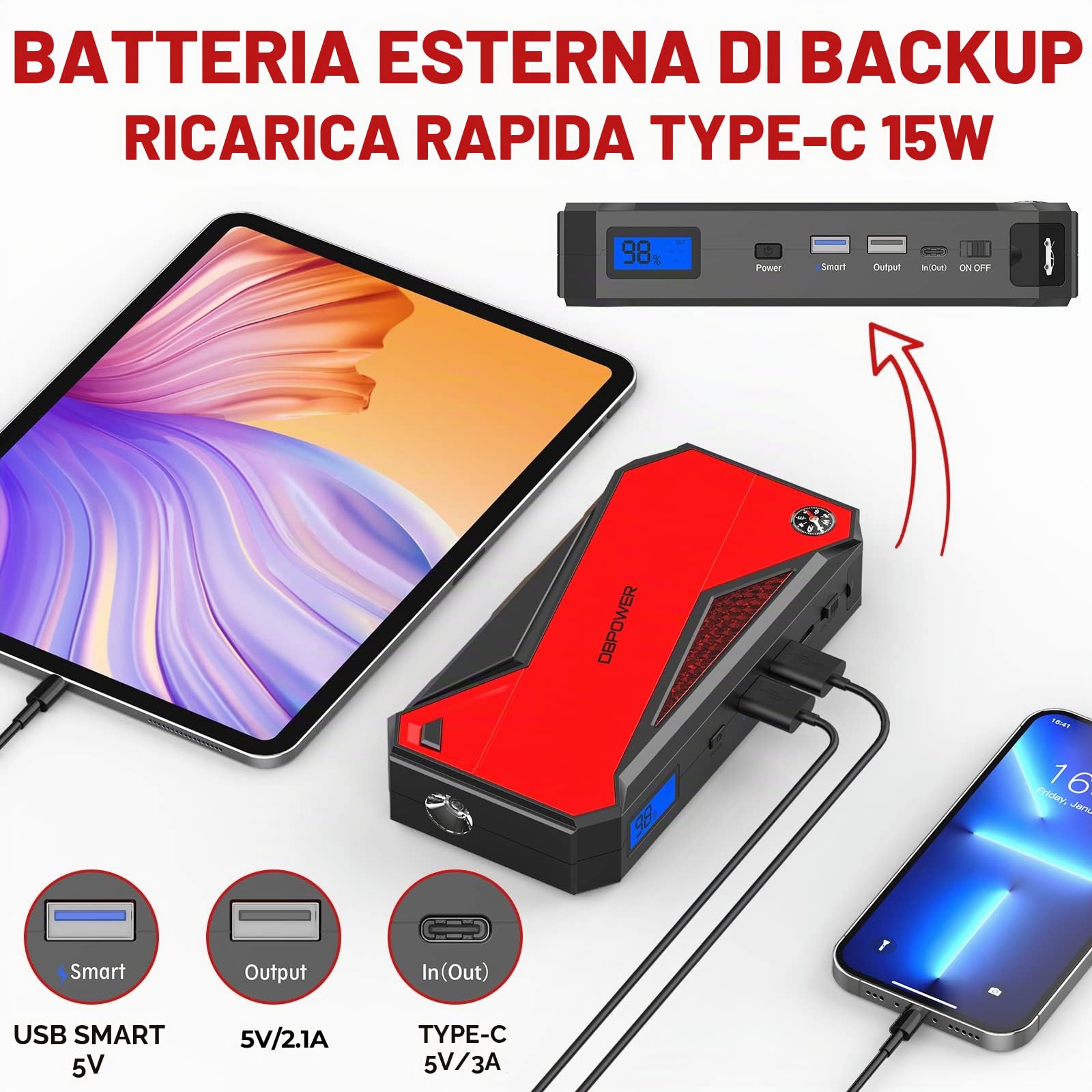 DBPOWER Avviatore di emergenza portatile per auto con picco 1600 A (fino a 7,2 l a gas e motori diesel da 5,5 l), batteria da 12 V con morsetti di avviamento intelligenti, bussola, torcia a LED e