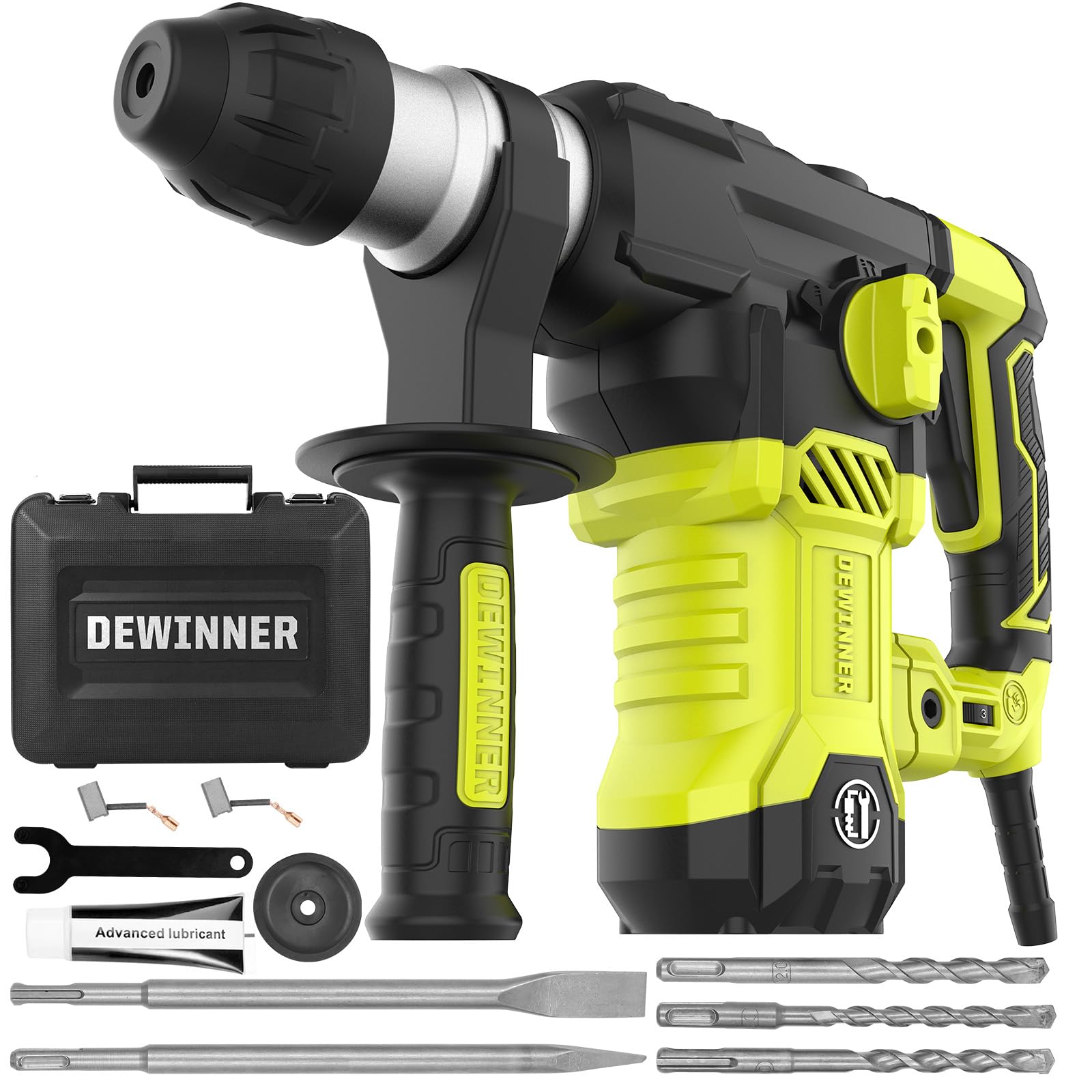 DEWINNER Martillo Percutor SDS-Plus,1500 W, 6 velocidades, 850RPM, 4400BPM, 5.5J, embrague de seguridad y tecnología antivibración, 4 funciones, incluye organizador, cincel y broca de 32mm