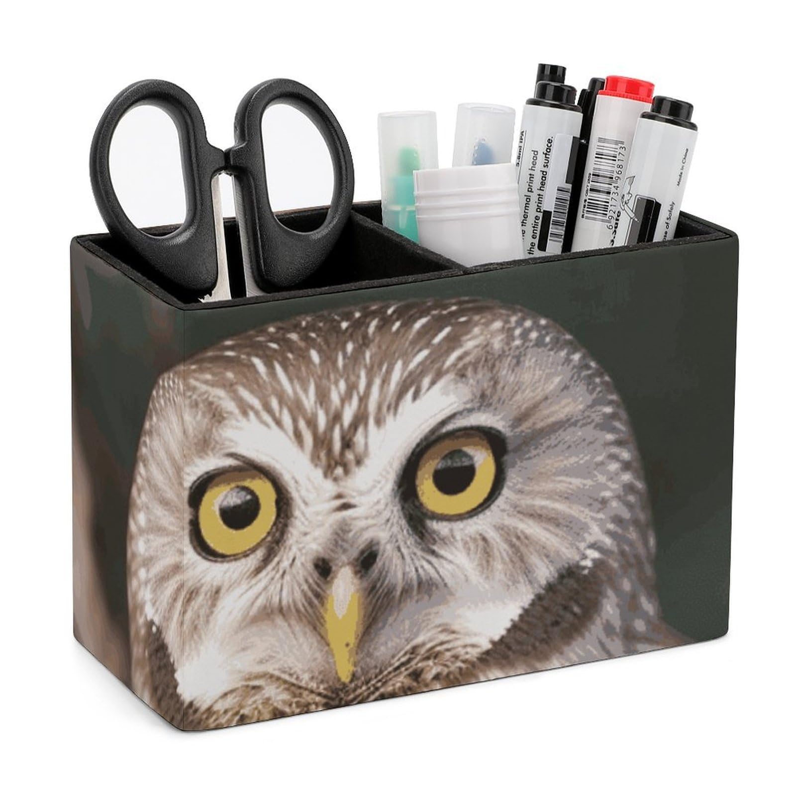 JTREHY Wildlife Animal Owl Pencil Holder Exquisite Fashion Leather Pen Receptacle Soft High-End Pen Container for Office Home Accessories Or Housewarming Present
