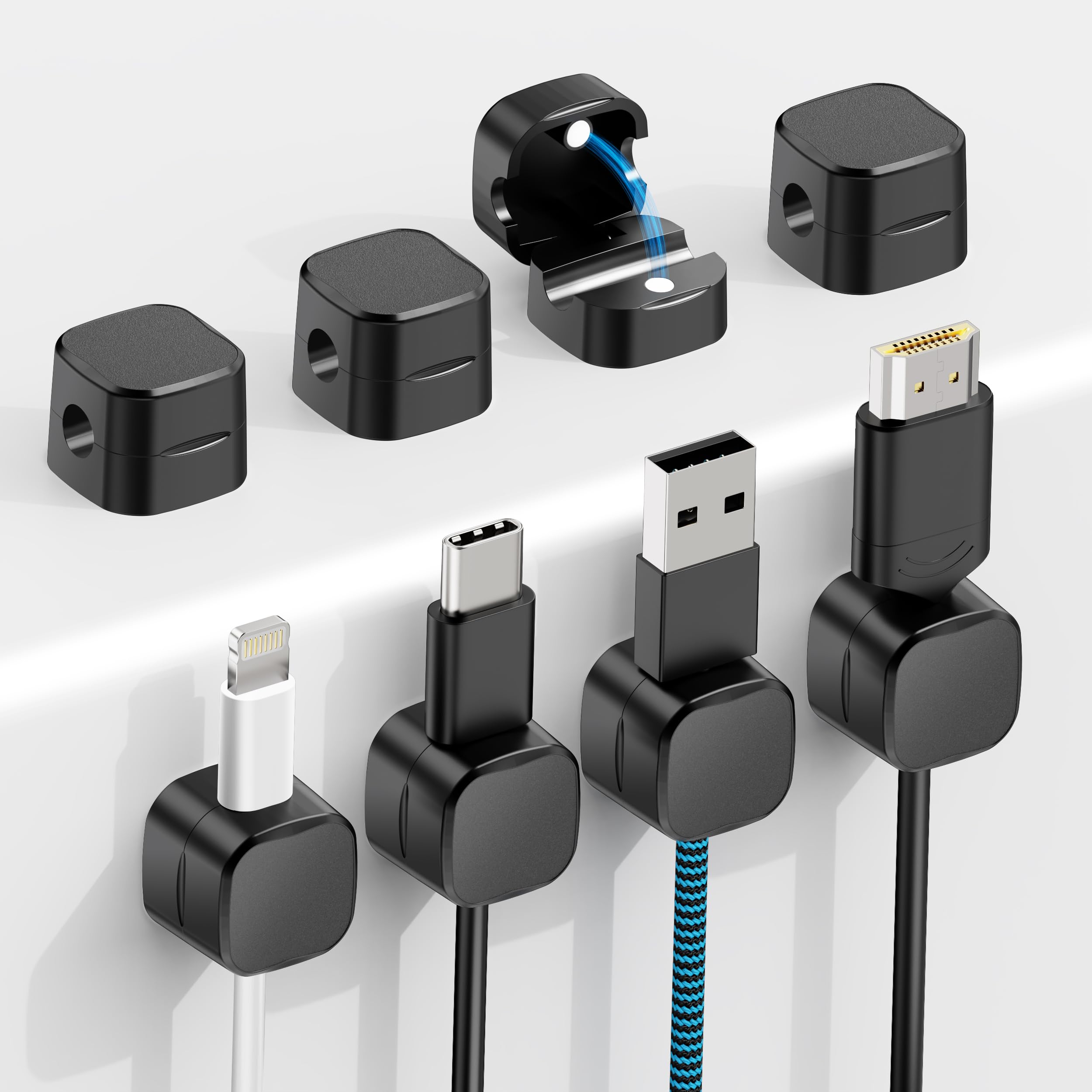 UGREEN [ 6 Pezzi ] Clip per Cavo a Molla [ Rotazione 91°] Magnetici, Organizzatore Cavi Senza Residui per TV, PC, USB, HDMI, Cavo Ethernet, Scrivania, Casa, Ufficio (7.5mm) - Nero