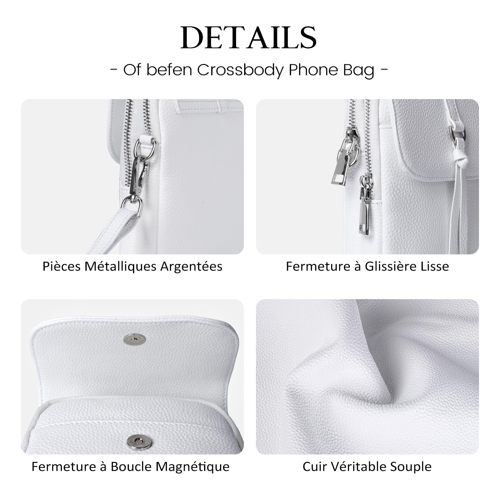 befen Petit Sac à Bandoulière en Cuir Véritable pour Femme, Sac à Bandoulière Multi-poches pour Téléphone Portable avec Emplacements pour Cartes de Blocage RFID