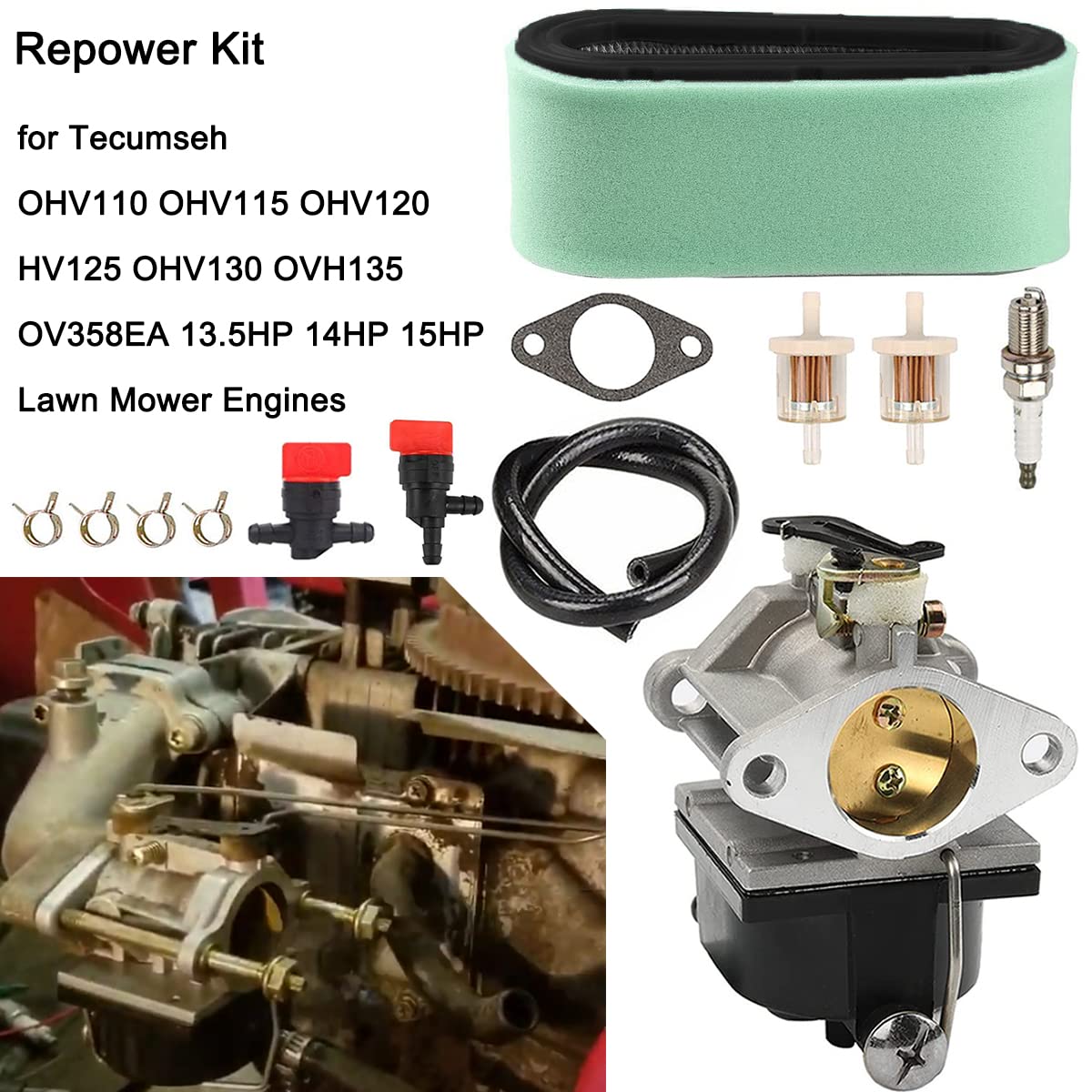 ZAMDOE Carburador 640065 640065A para Tecumseh OHV110 OHV115 OHV120 HV125 OHV130 OVH135 OV358EA 13.5HP 14HP 15HP motores de cortacésped, con junta, filtro de aire, línea de combustible
