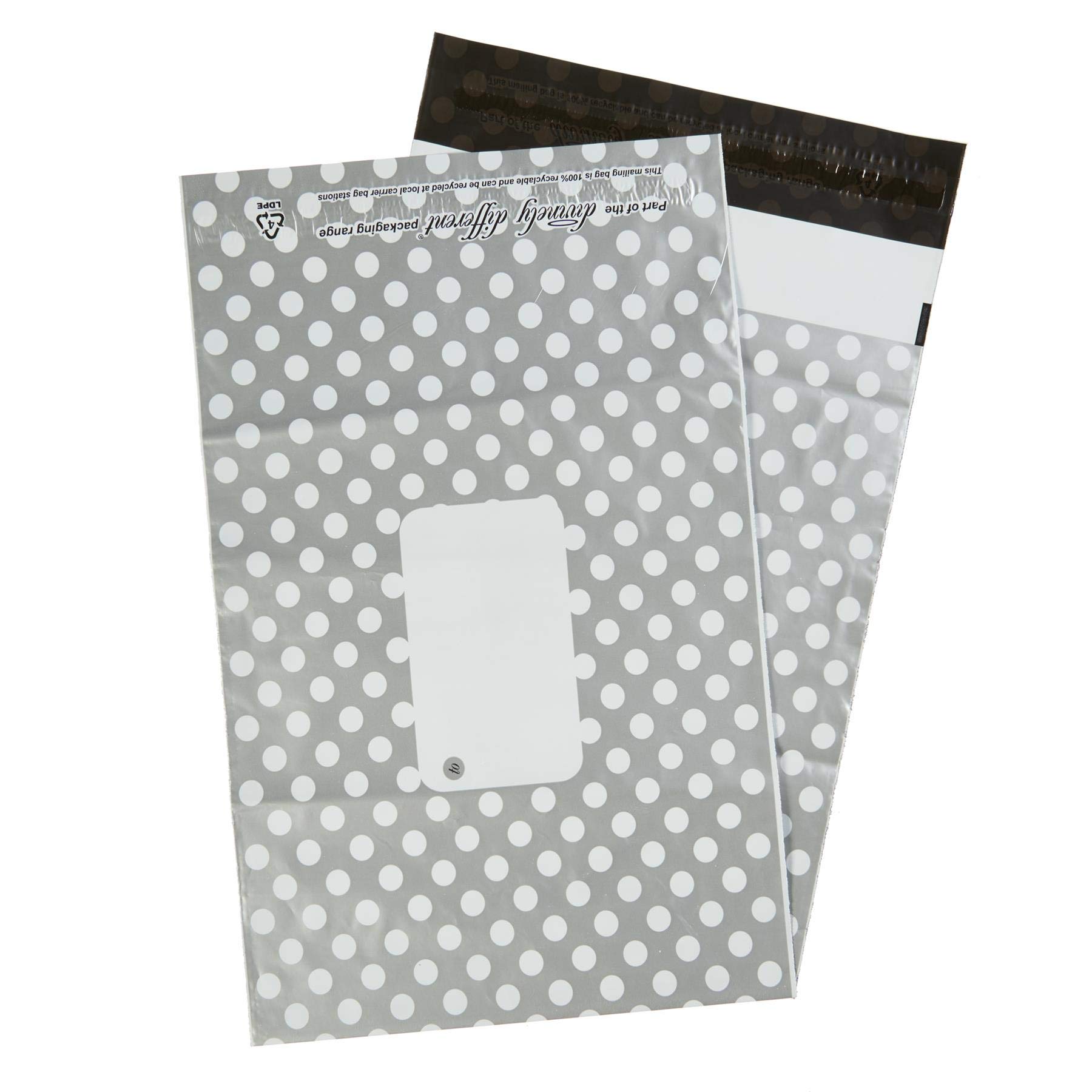 25 x Silver Printed Polka Dot Polythene Mailing Bags - 250mm x 350mm 10" x 14" - Post Plastic Polybag Poly Strong Self Seal