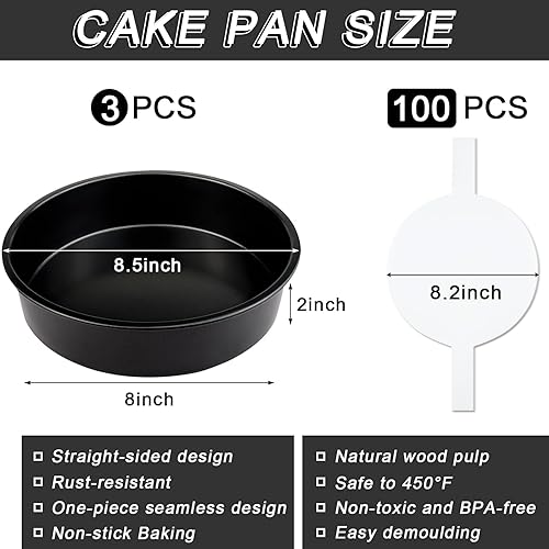 Miniatura 2 de Juego de 3 moldes para pasteles de 8 pulgadas, antiadherentes para hornear con 100 piezas de papel pergamino, aptos para lavavajillas (redondos)