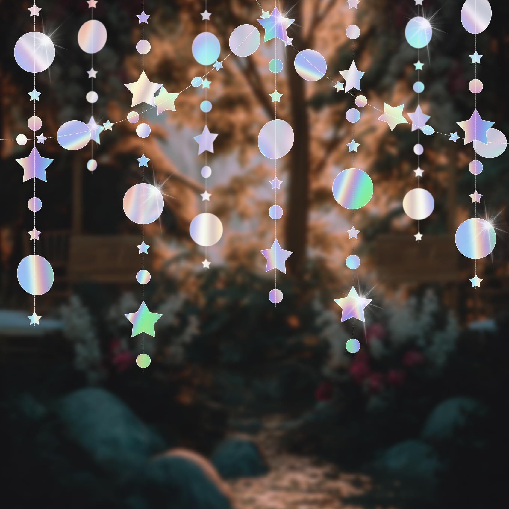Iridescent Twinkle Circle Dot Star Garland Decoration,4PCS Holographic Rainbow Hanging Paper Garland,Hanging Shiny Paper for Party Room Birthday Wedding,Glitter Circle Star(Colorful Silver)