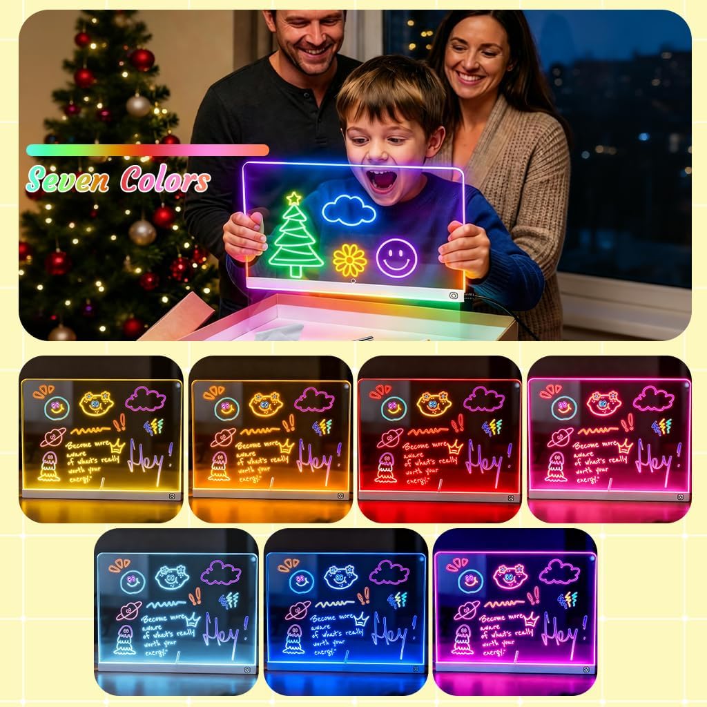 LED Drawing Board with 7 Colors & 3 Light Modes,Acrylic Glow Erase Note Board Includes Stand, 7 Markers, Spray Bottle,Perfect for Birthdays and Holidays (White, 1.81" L×7.87")
