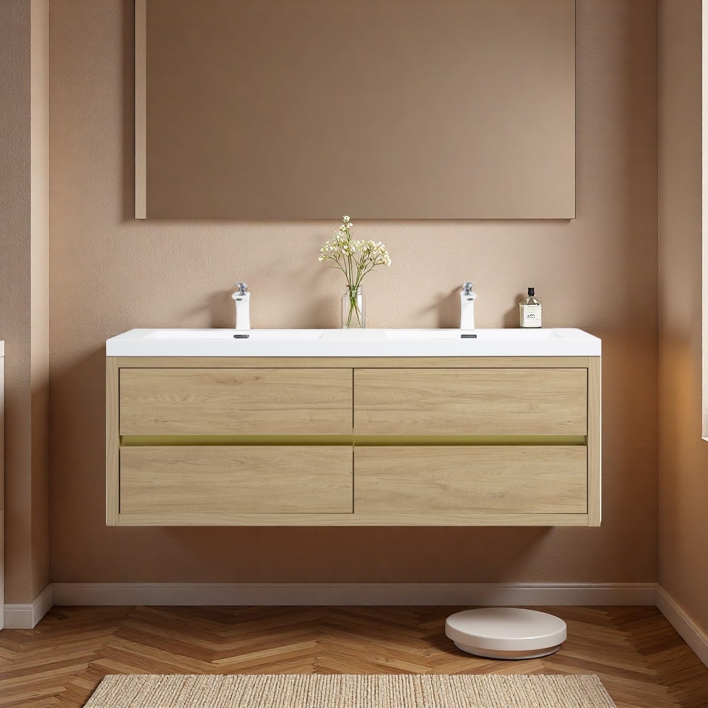 60" Bathroom Vanity with Sink, Floating Vanity, Natural Oak