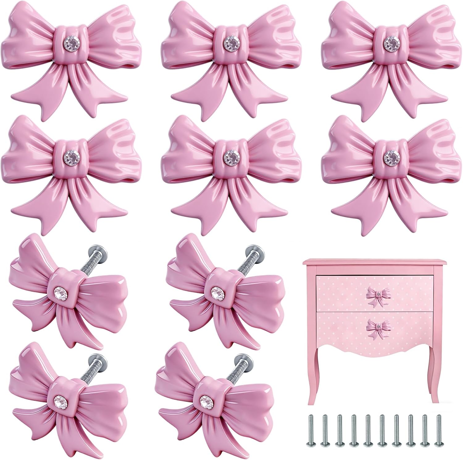 10 Pcs Pink Bow Dresser Knobs Cabinets Hardware Pulls Decorative Vintage Coquette Bow Drawer Knobs for Home Girls Room Bedroom Vanity Desk Wardrobe