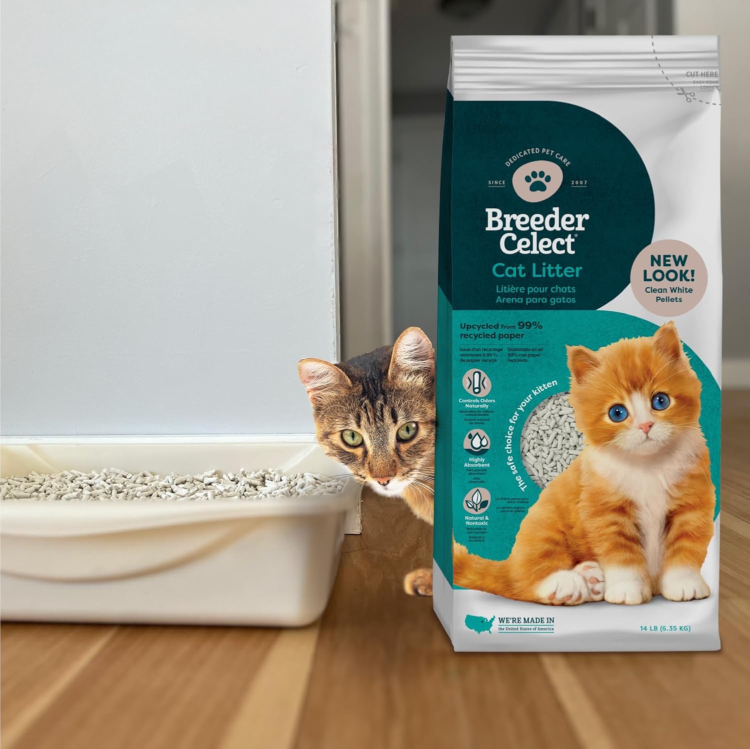 Breeder Celect® | 99% Recycled Paper Cat Litter Pellets | Highly Absorbent | Odor Control | Controls Odors Naturally | Natural and Nontoxic | Low Dust and Easy to Clean | 7 lb Bag 7