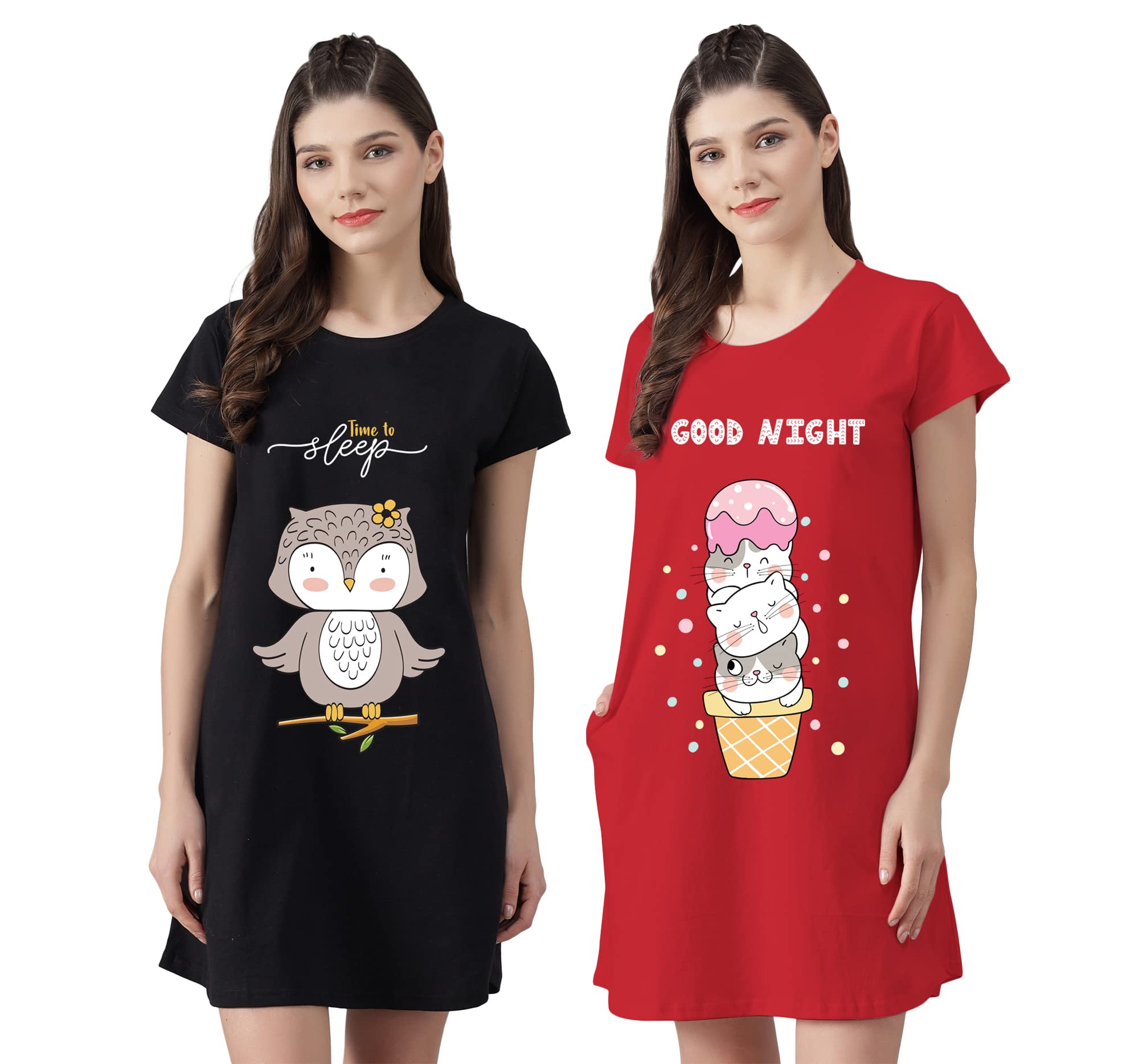Women’s Cotton Nighty | Printed Knee Length Nighty |Short Sleeve Nighty |Short Nightdress| Long T-Shirt | Sleepwear & Casual Wear Nighty (Pack of 2)