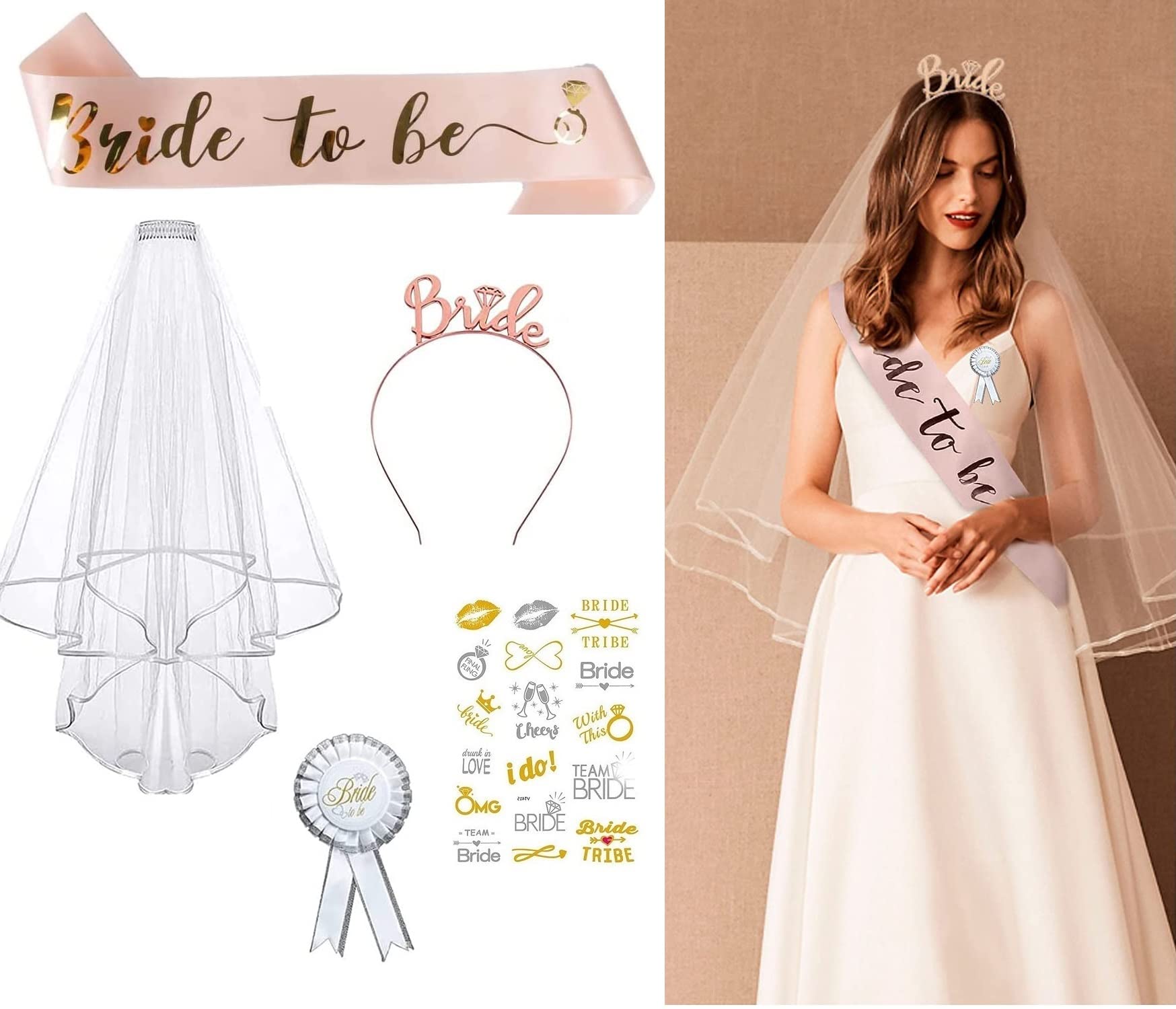 Annhao Addio Nubilato Accessori, 3 PCS Sposa di Essere Fascia e Velo Bride Bianco da Sposa Tiara, Bride to be Satin Sash Sposa, Decorazioni per Addio Nubilato Gadget (Oro