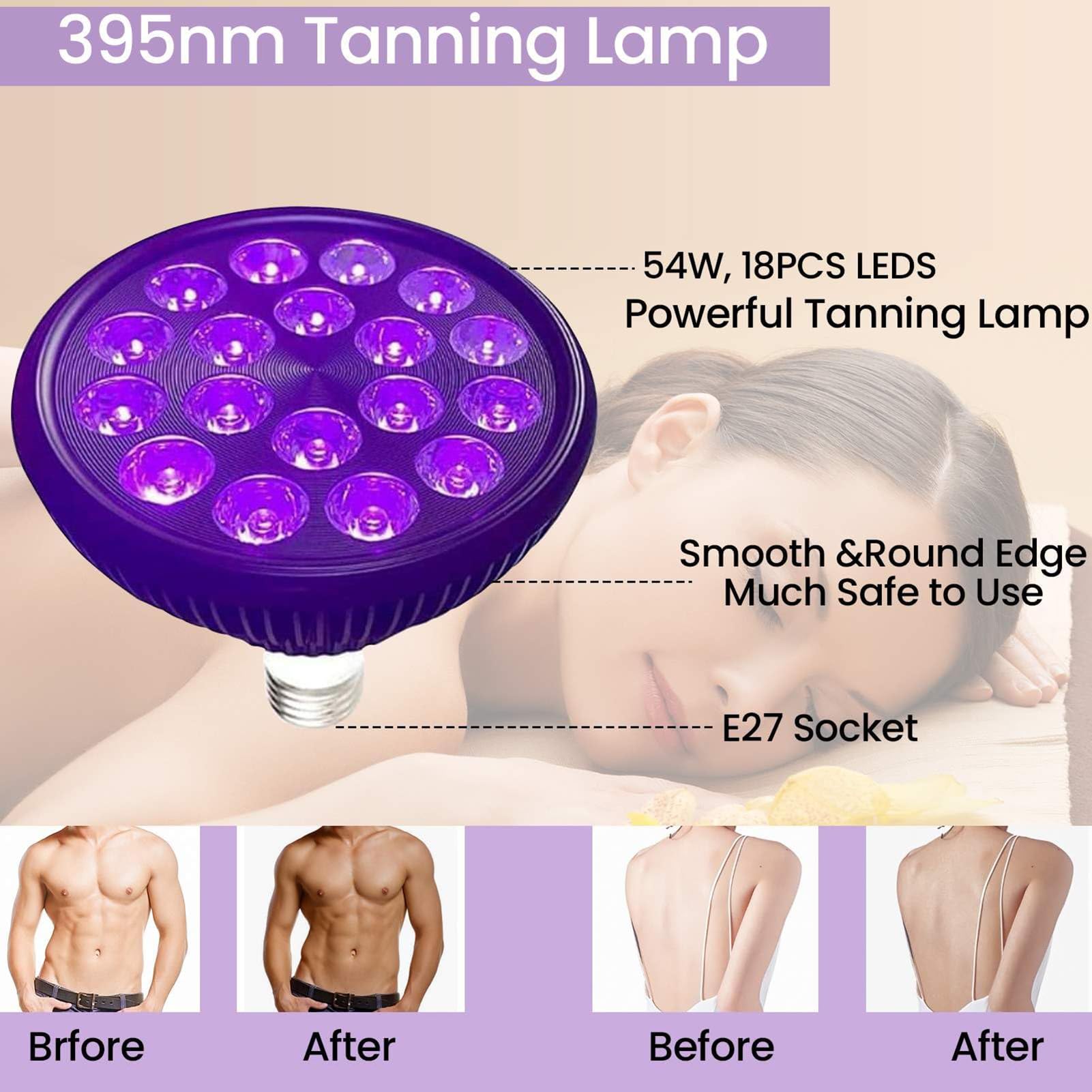 Lampe De Bronzage avec Masque pour Yeux Et TréPied, 18 LED 395 Nm Appareil Autobronzant pour Bain De Soleil à Domicile, Lampadaire LumièRe Violette 54w, pour Corps Et Visage