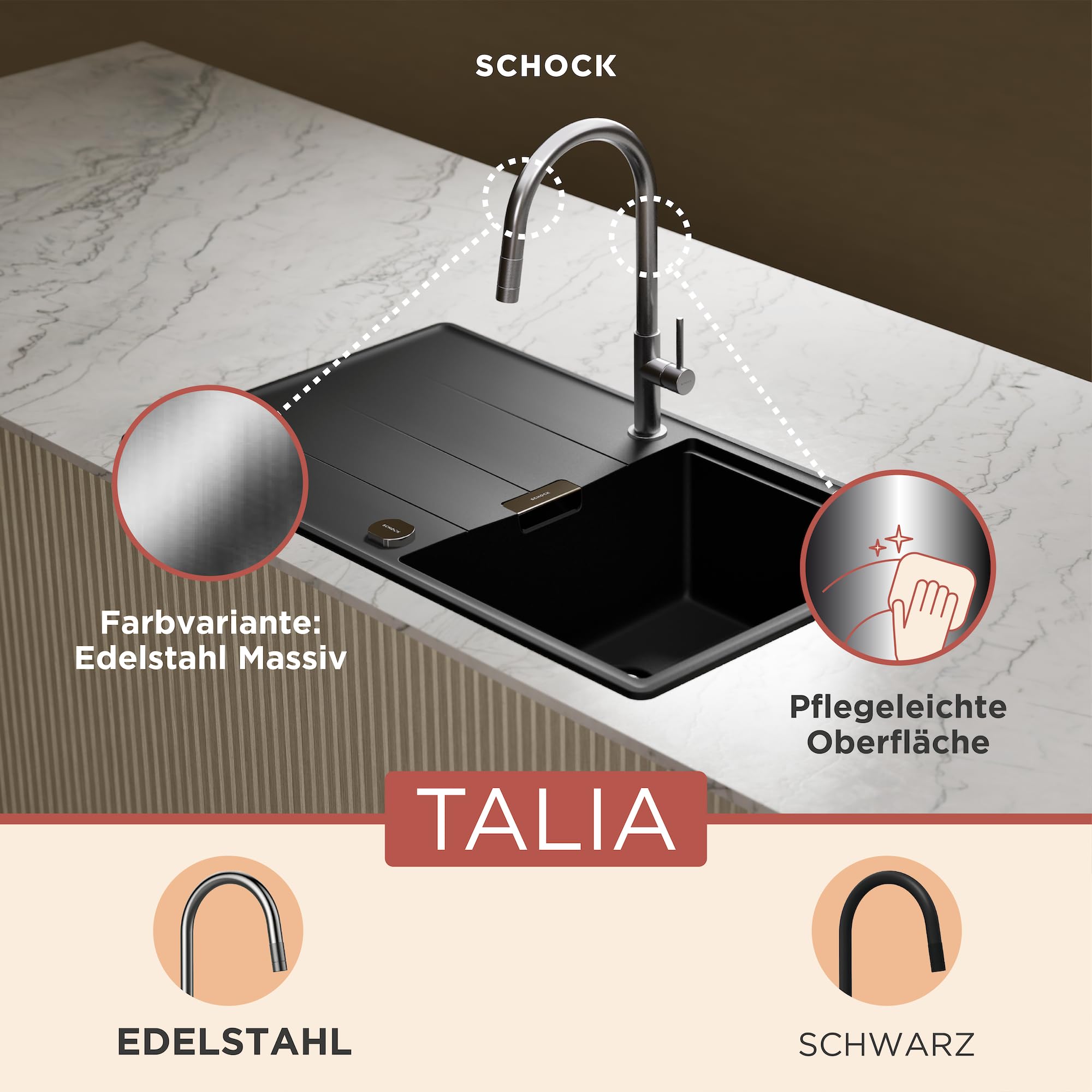 SCHOCK Wasserhahn Küche Talia Edelstahl | Küchenarmatur mit herausziehbarer Brause für Spülbecken und Waschbecken | Hochdruck Armatur Küche passend für Einbauspüle und Küchenspüle mit Mischbatterie