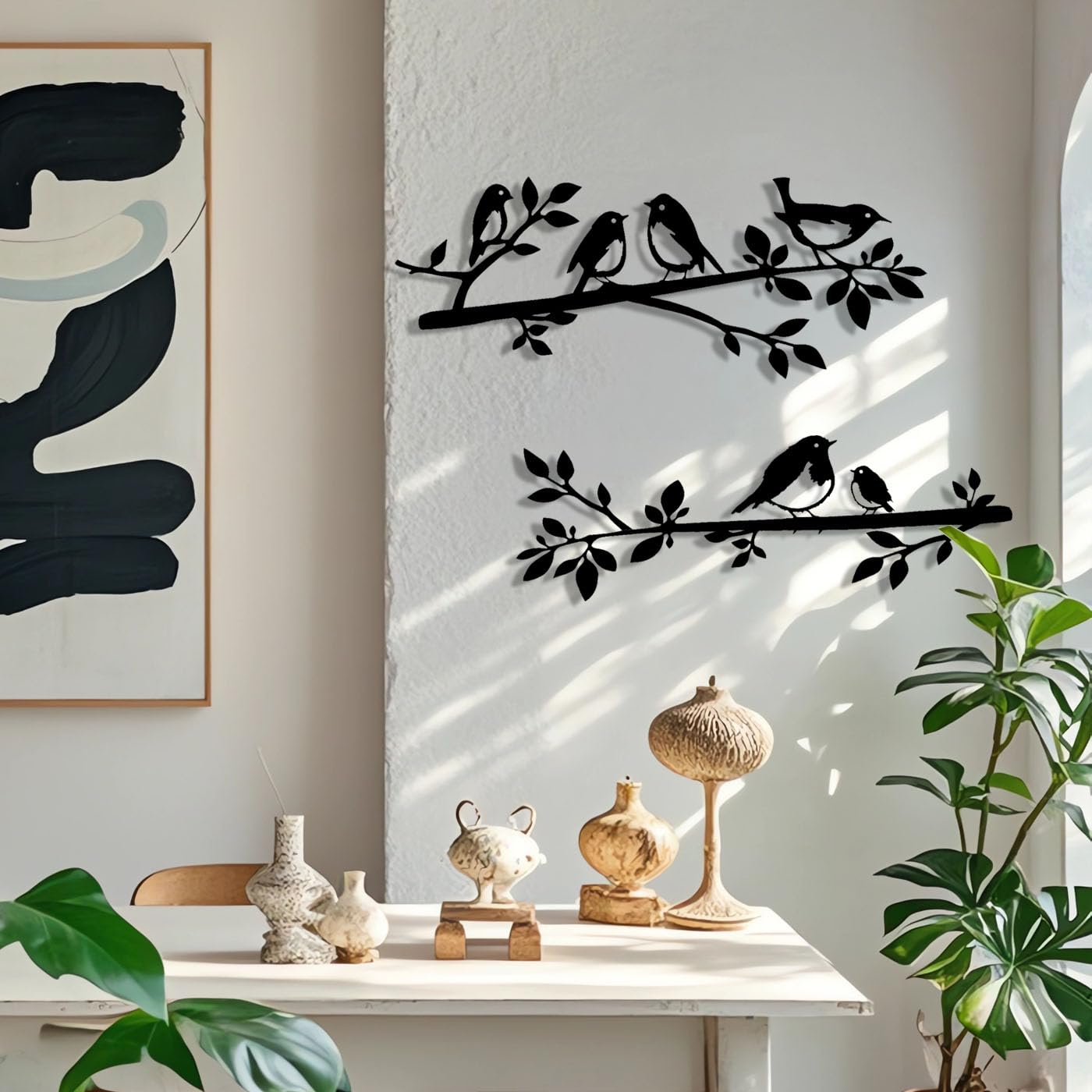 Oiseaux muraux en métal sur une branche,Décoration murale oiseaux en métal,Décoration murale en forme de feuilles avec silhouette d'oiseaux,Décoration jardin ou balcon,pour Décoration Murale (2)