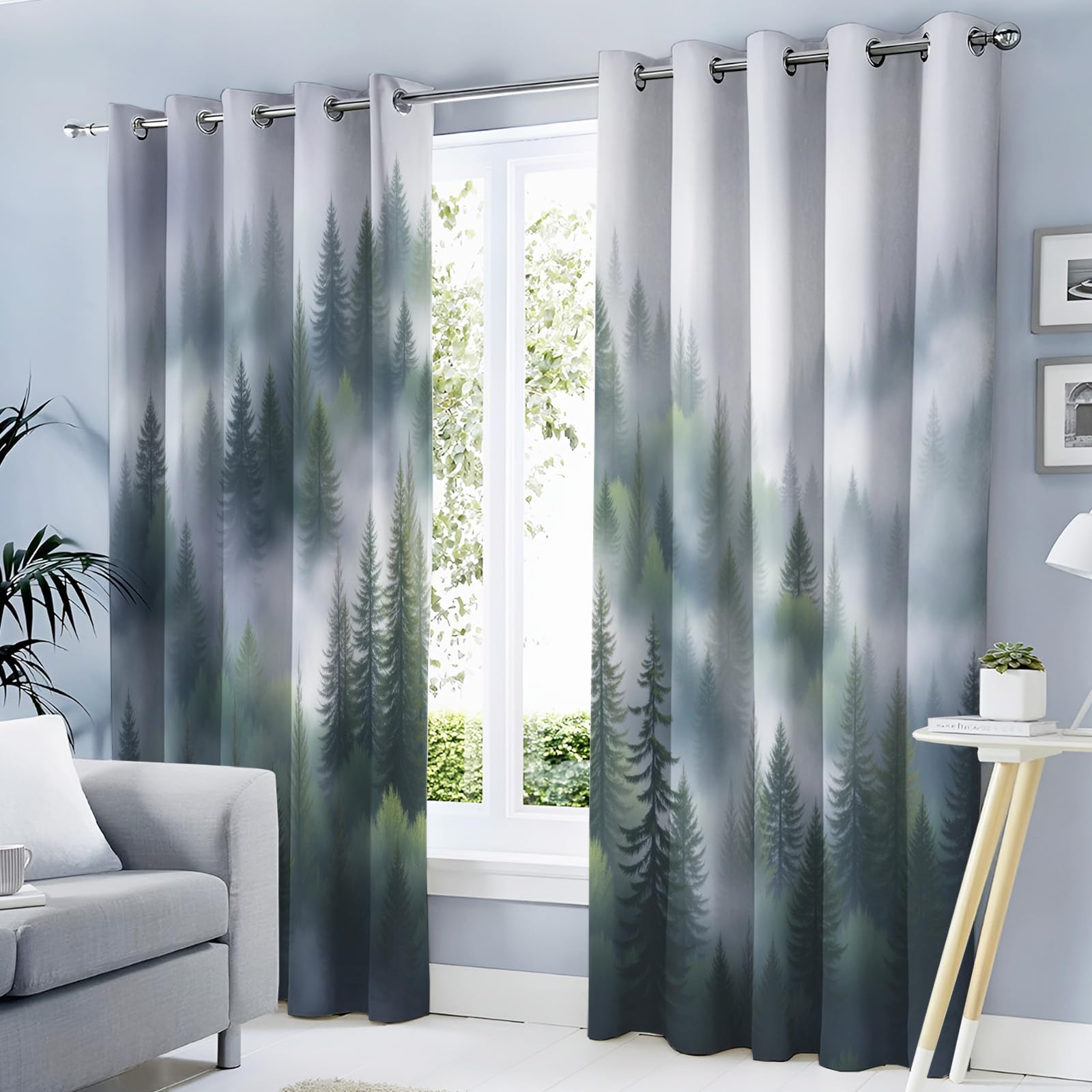 Tenture opaque à oeillets haut de gamme style forêt sempervirente pour grand salon cosy